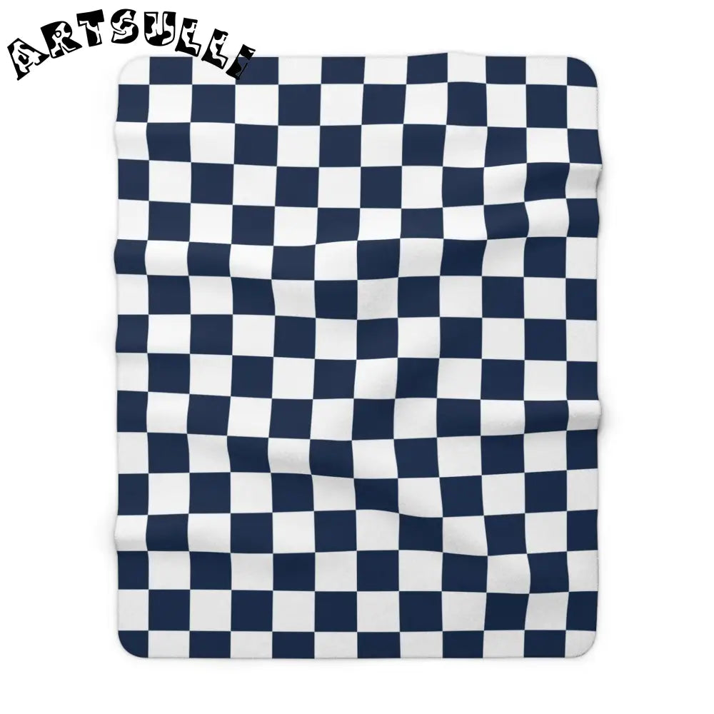 JAKKOUTTHEBXX Checkerboard White and Navy Blue Sherpa Fleece Blanket