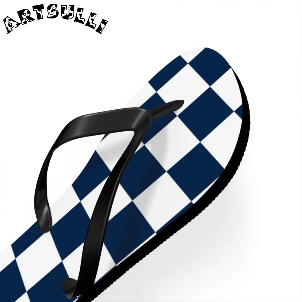 JAKKOUTTHEBXX Checkerboard White and Navy Blue Flip Flops