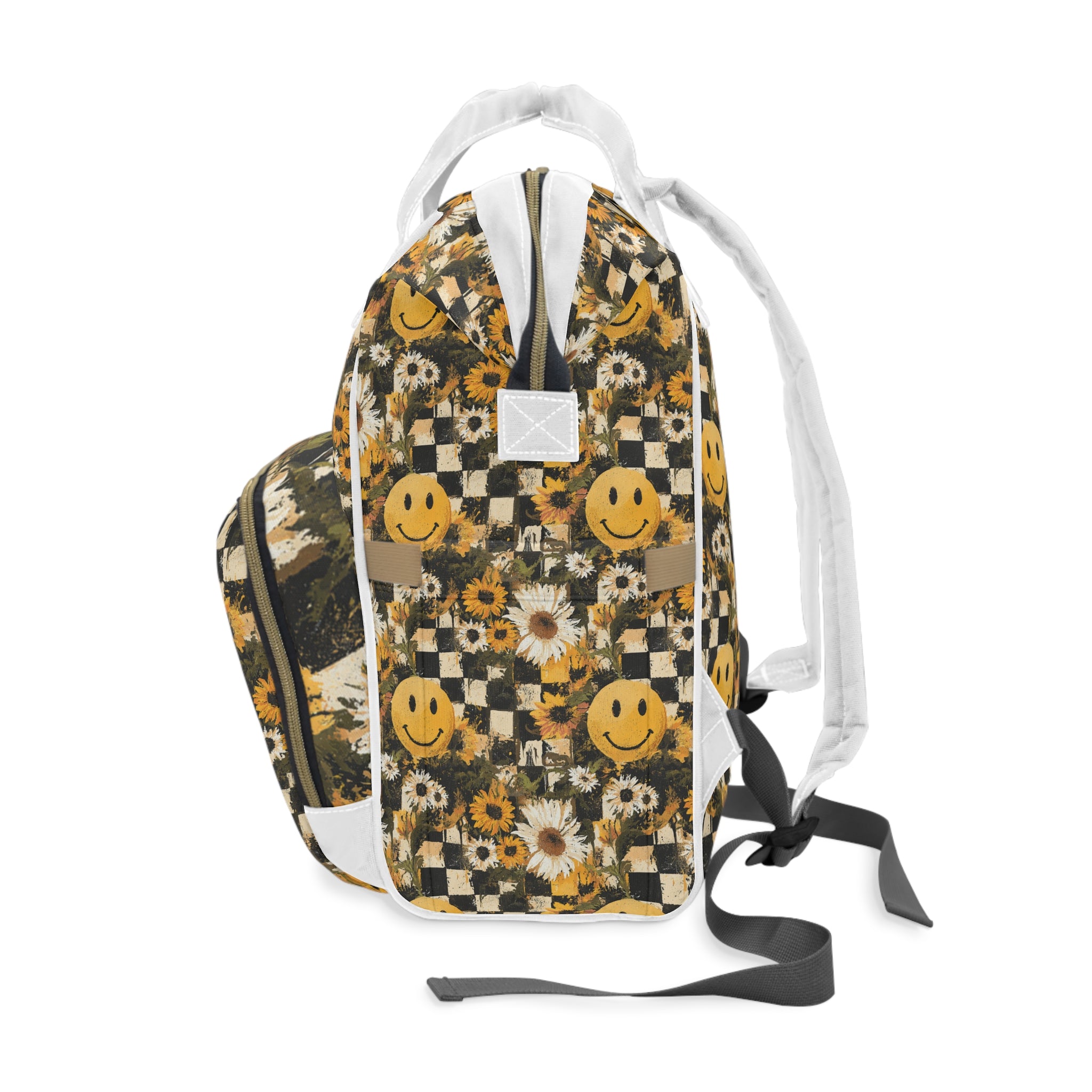 Smiley Face x Checkerboard x Sunflowers x Trippy x Vintage Black and Yellow Multifunctional Diaper Backpack, Artsulli - Art is Long, Life is Short, Bags, , , , , , , 