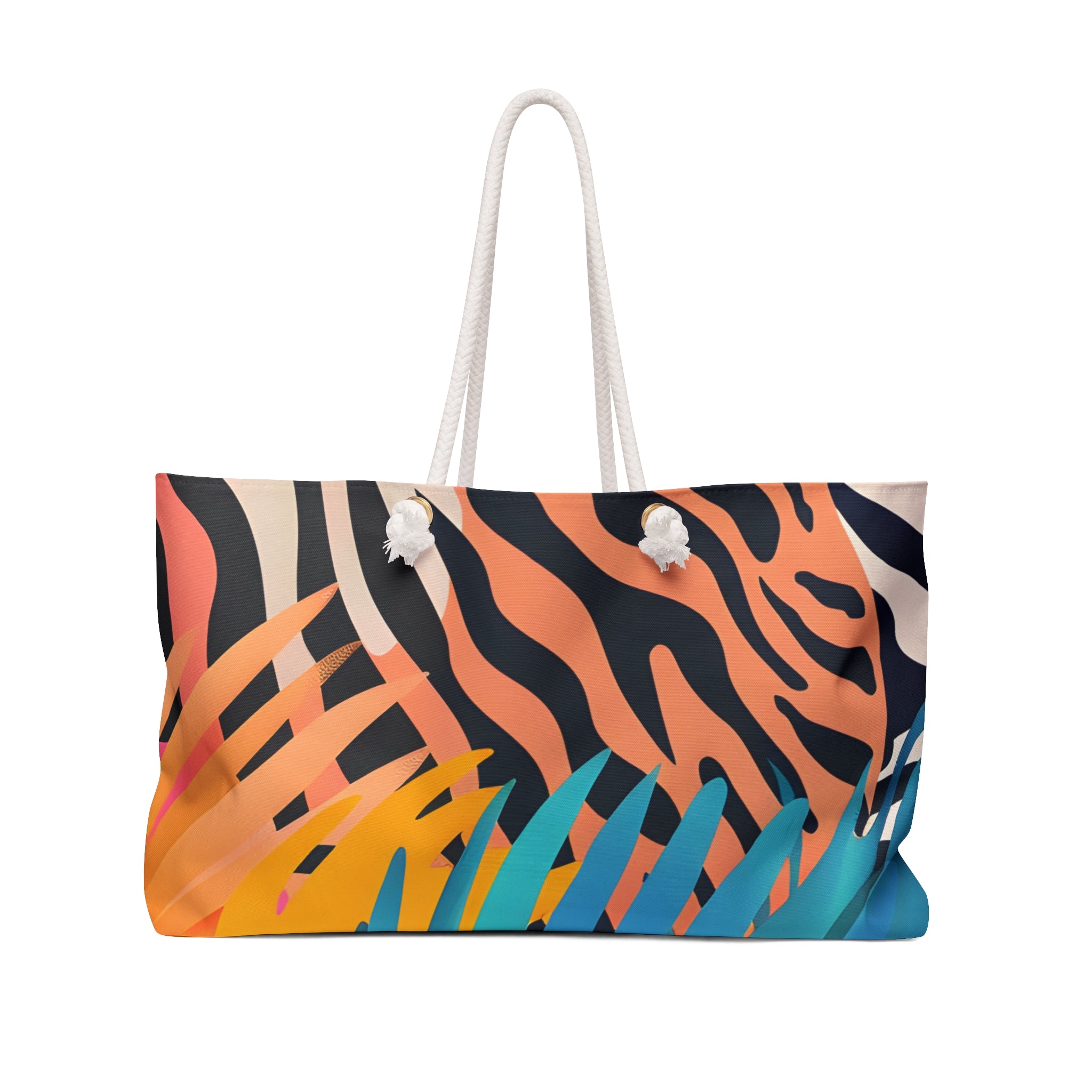 Palm Leaves x Zebra Stripes x Tiger Stripes Orange and Blue  Weekender Bag, Artsulli - Art is Long, Life is Short, Bags, Size, 24" × 13", , , , , 90247414043386