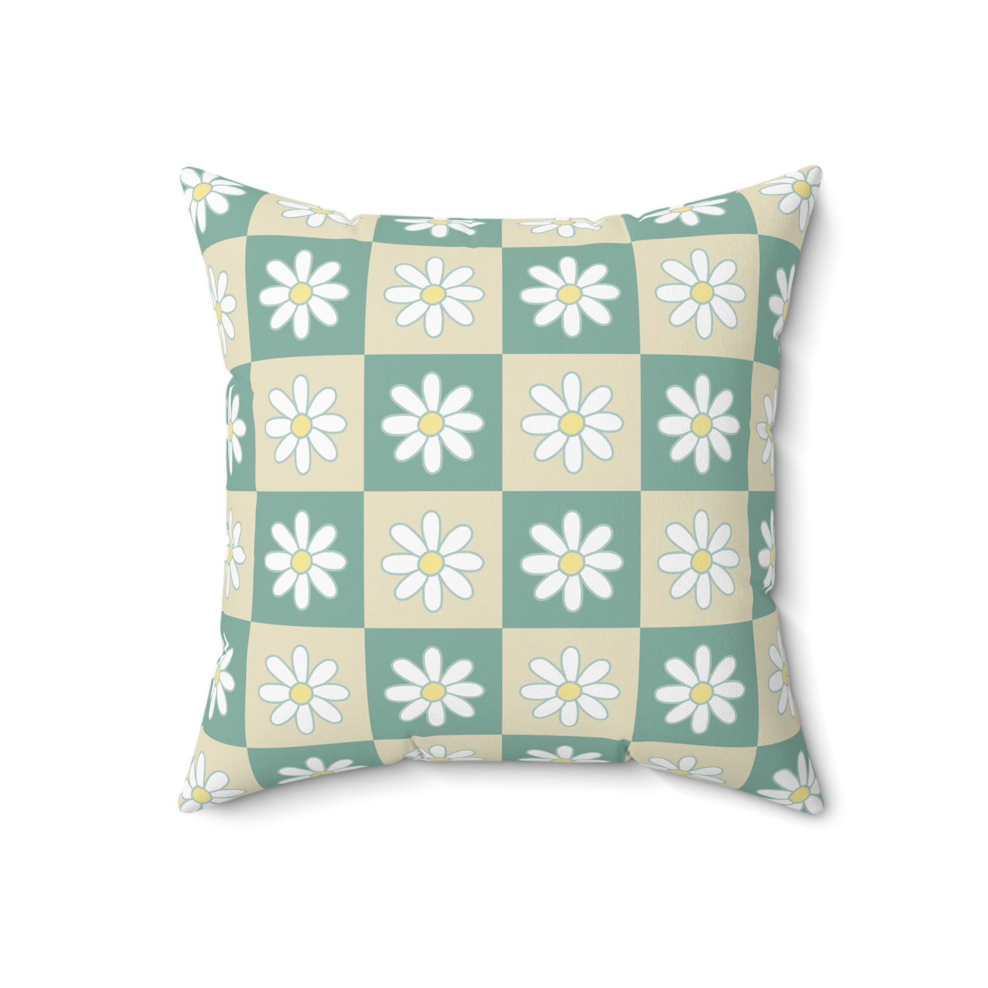Retro Daisy Checkerboard Green and Tan Spun Polyester Square Pillow, Artsulli - Art is Long, Life is Short, Home Decor, Size, 18" × 18", , , , , 24509806504563636139