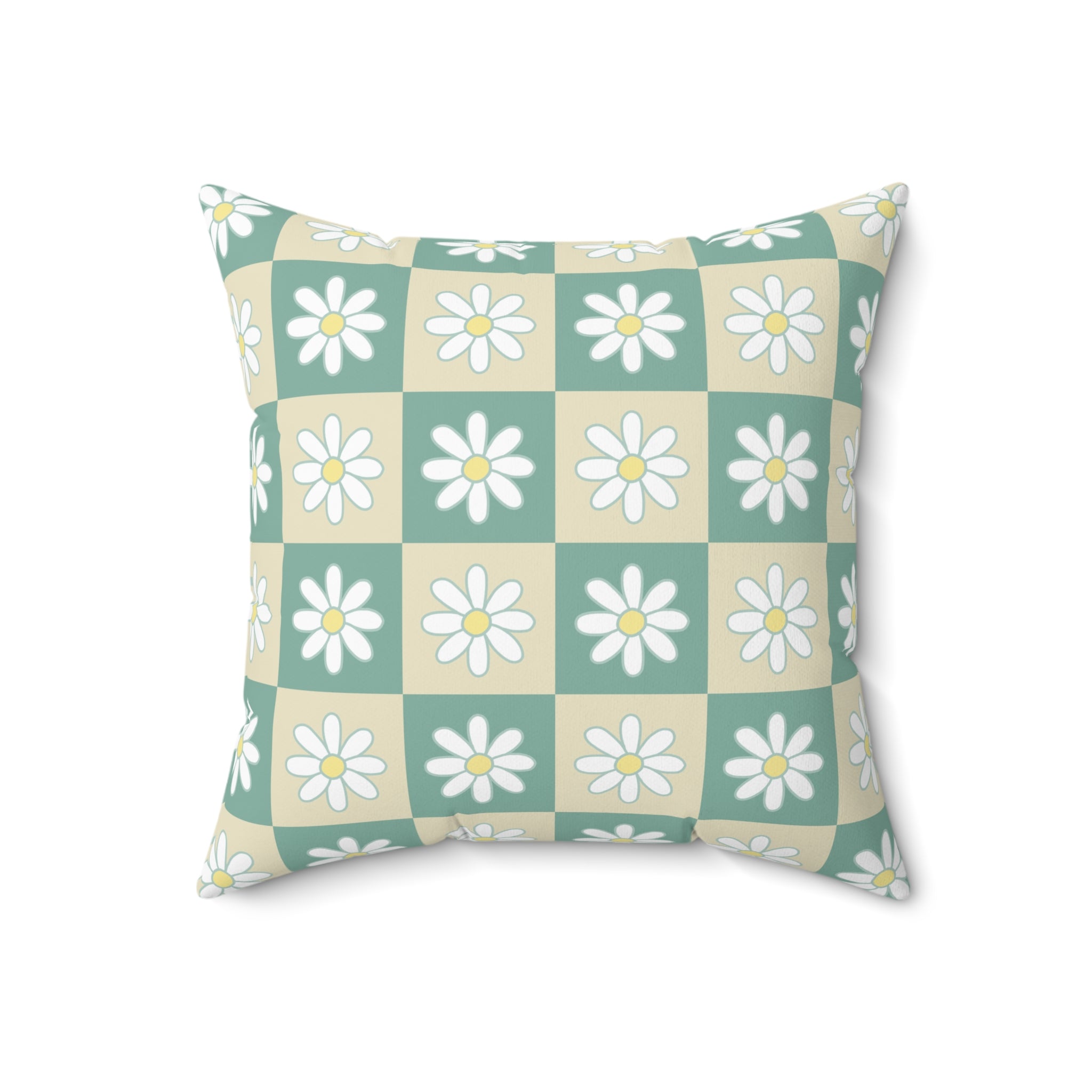 Retro Daisy Checkerboard Green and Tan Spun Polyester Square Pillow, Artsulli - Art is Long, Life is Short, Home Decor, Size, 18" × 18", , , , , 24509806504563636139