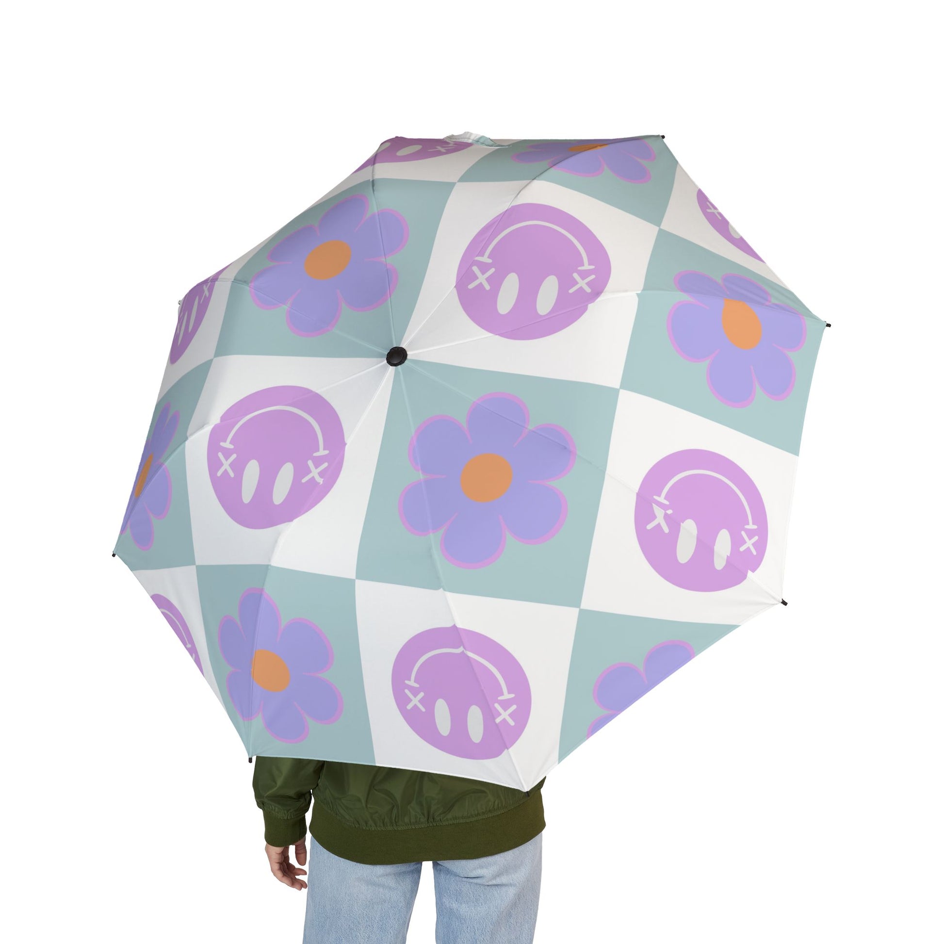 Flower x Smiley Face x Checkerboard Purple Semi-Automatic Foldable Umbrella, Artsulli - Art is Long, Life is Short, Accessories, , , , , , , 