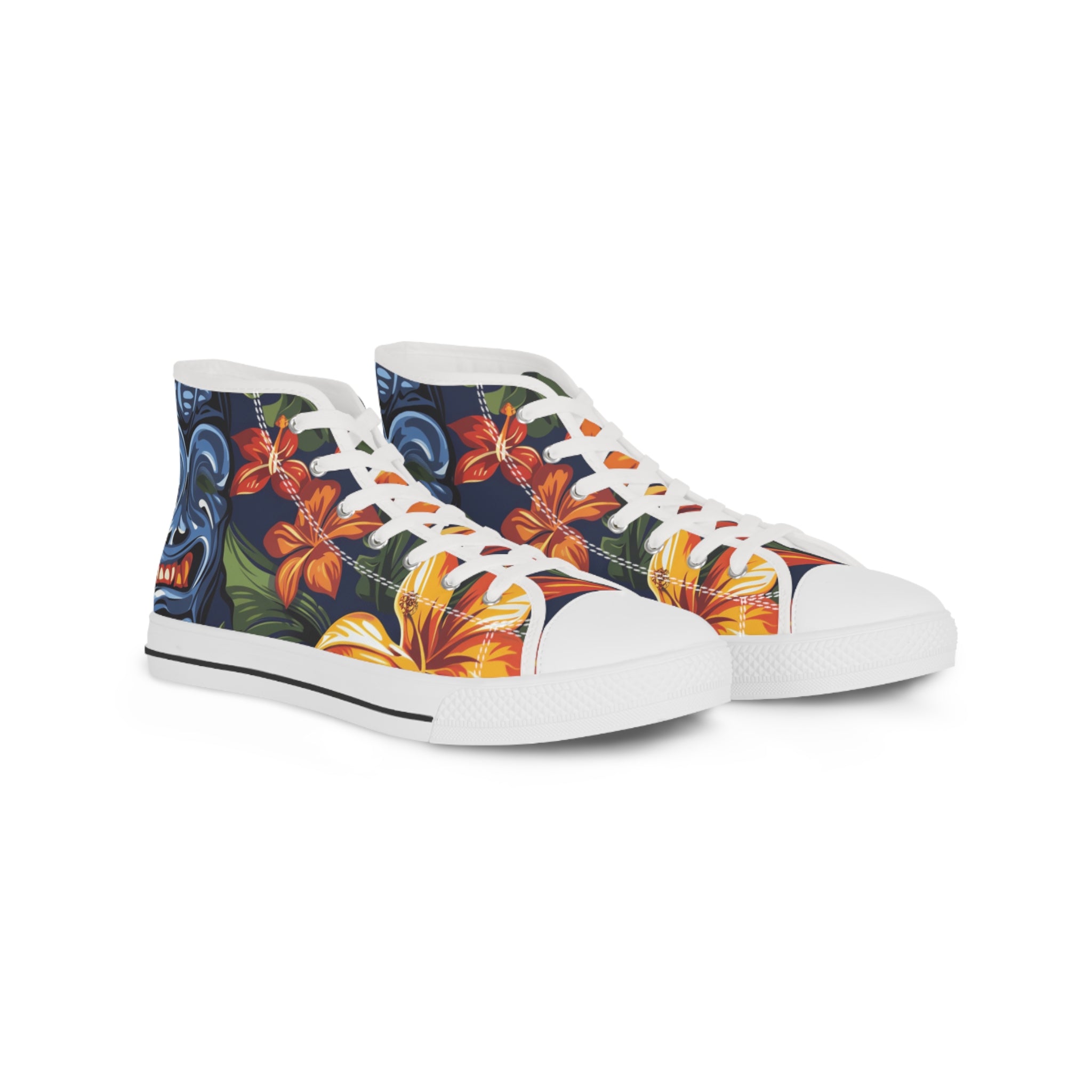 Tiki Bloom Navy Men's High Top Sneakers, Artsulli - Art is Long, Life is Short, Shoes, Size, US 5, Color, White sole, , , 14650383977827399067