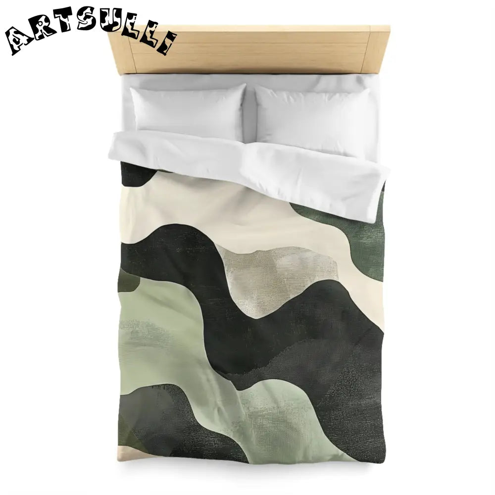 JAKKOUTTHEBXX Abstract Green Black Off White Wavy Pattern Duvet