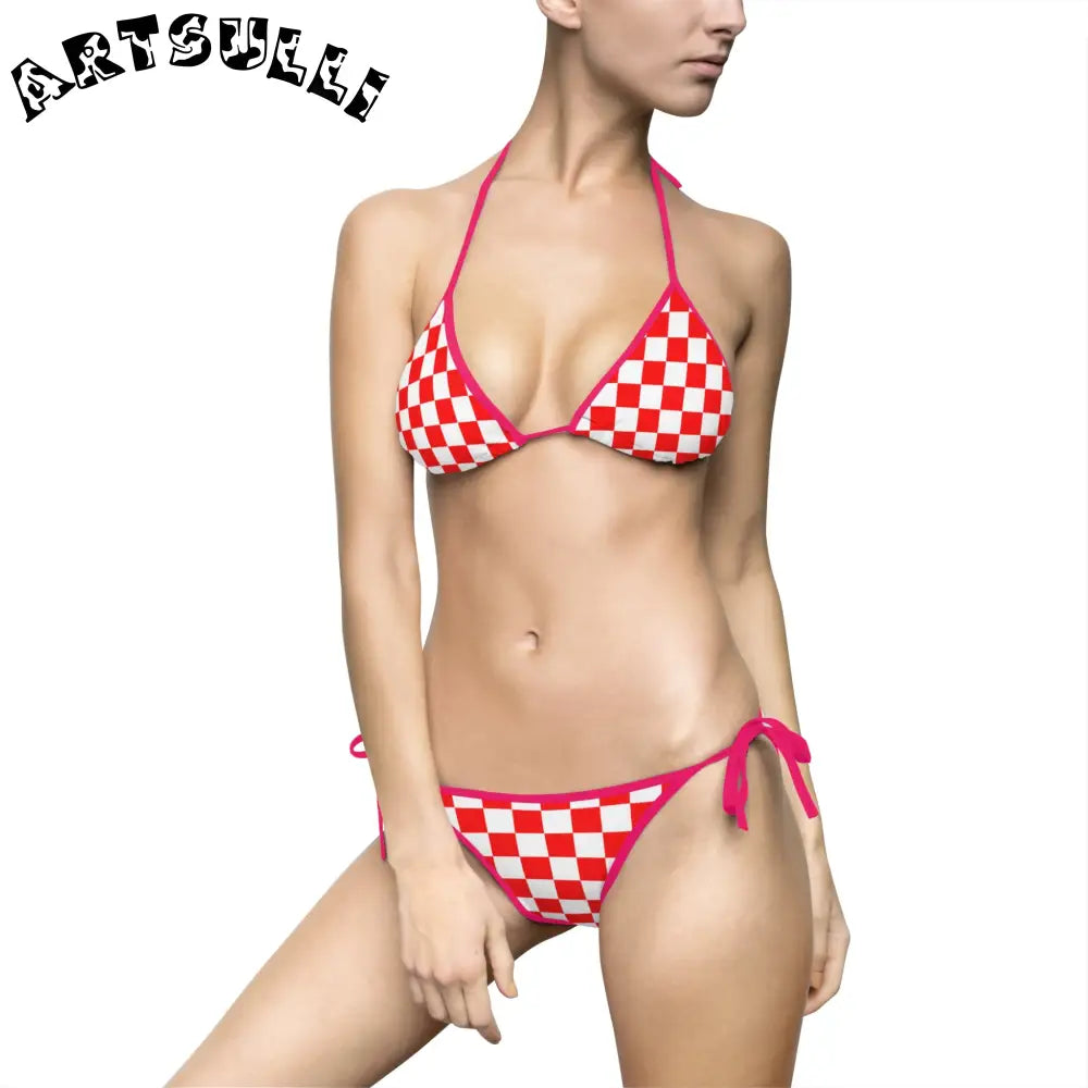 JAKKOUTTHEBXX Checkerboard Red and White Women’s Bikini Swimsuit