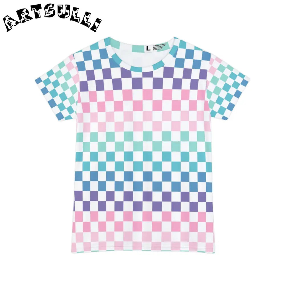 Vaporwave Rainbow  Checkerboard Multi-Color Women's Short Sleeve Shirt (AOP), Artsulli - Art is Long, Life is Short, All Over Prints, Size, XS, , , , , 68352018759769640554