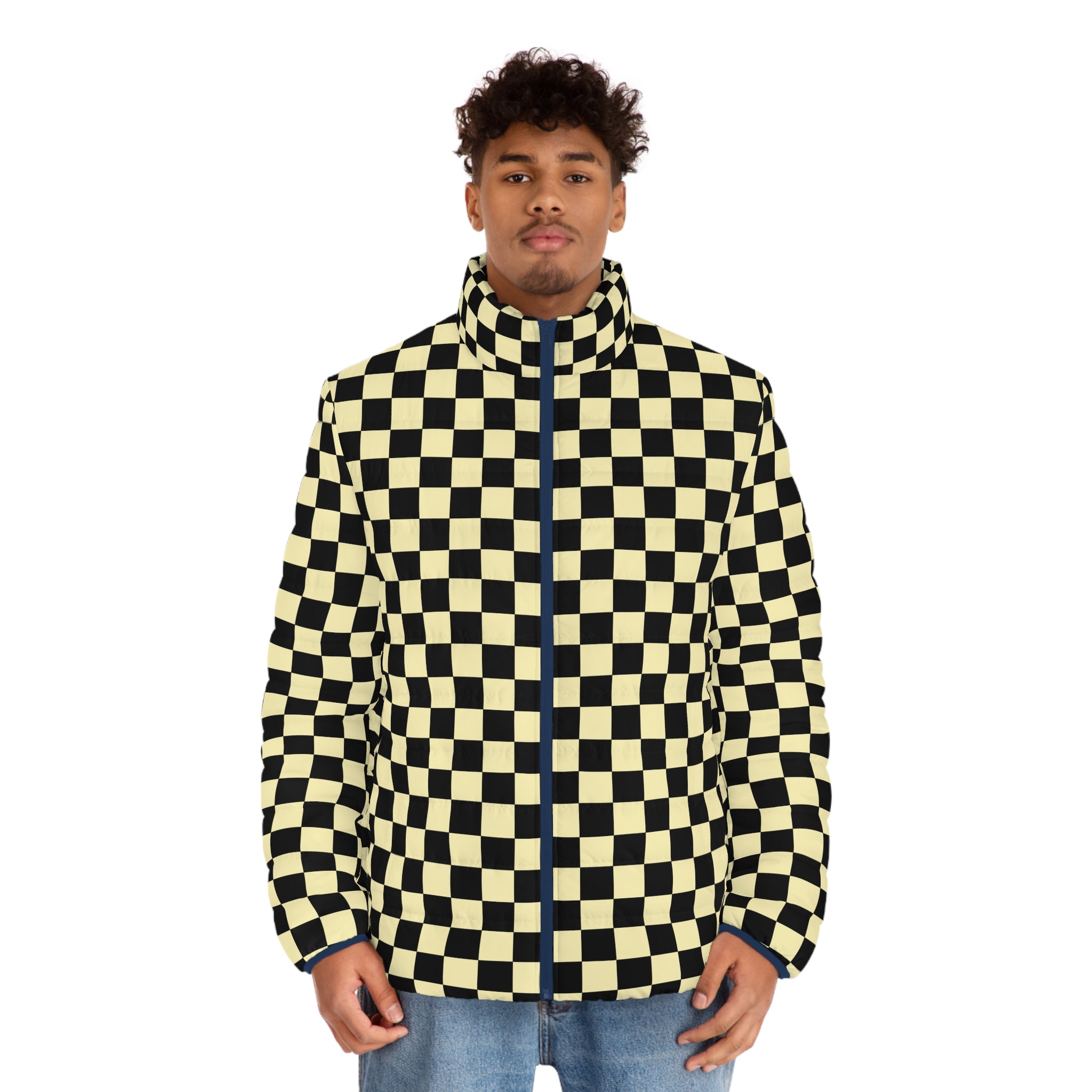 Checkerboard Black and Yellow Men's Puffer Jacket (AOP), Artsulli - Art is Long, Life is Short, All Over Prints, , , , , , , 