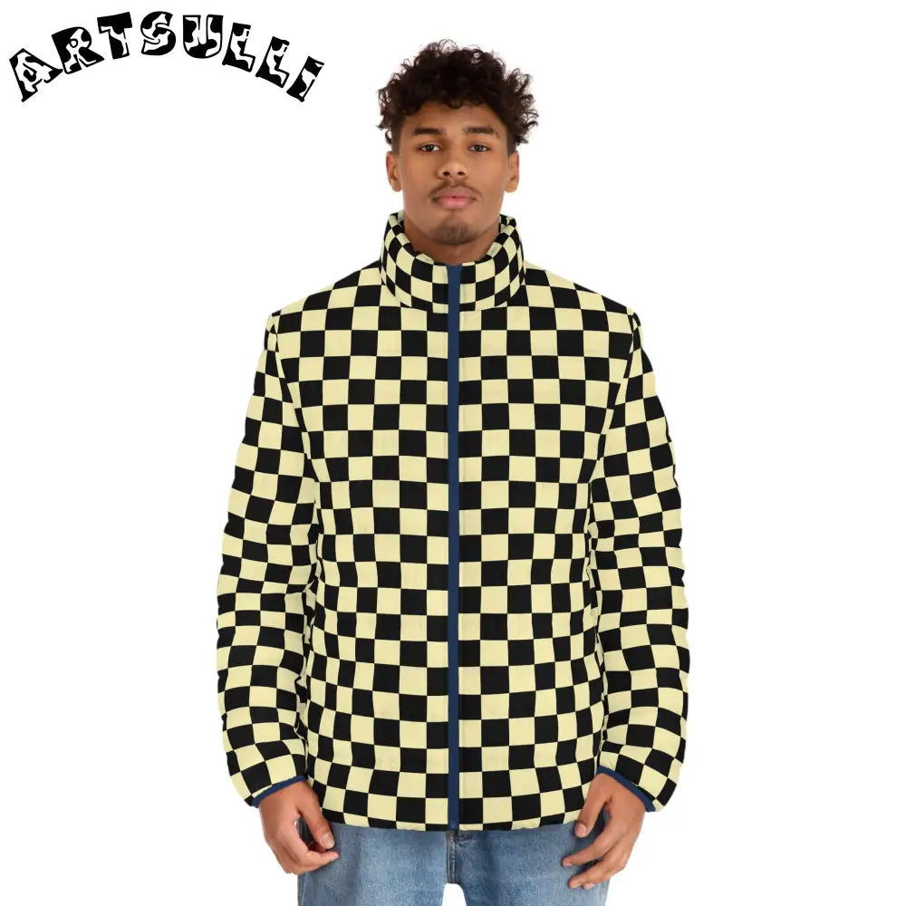 JAKKOUTTHEBXX Checkerboard Black and Yellow Men’s Puffer Jacket