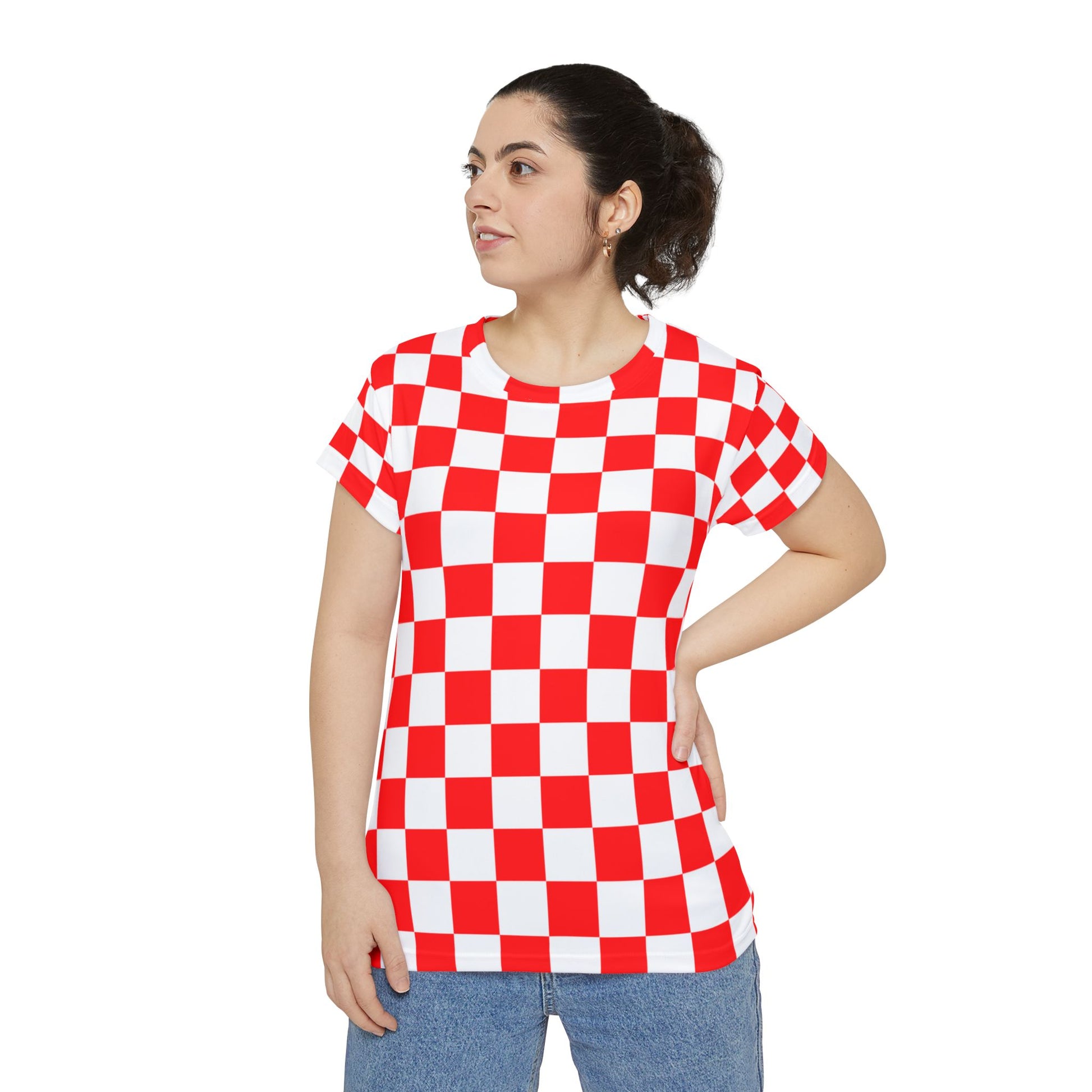 Checkerboard Red and White Women's Short Sleeve Shirt (AOP), Artsulli - Art is Long, Life is Short, All Over Prints, , , , , , , 