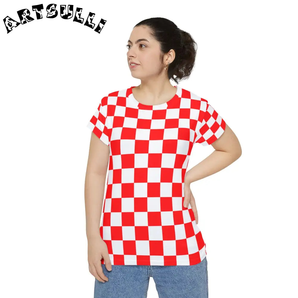 JAKKOUTTHEBXX Checkerboard Red and White Women’s Short Sleeve Shirt