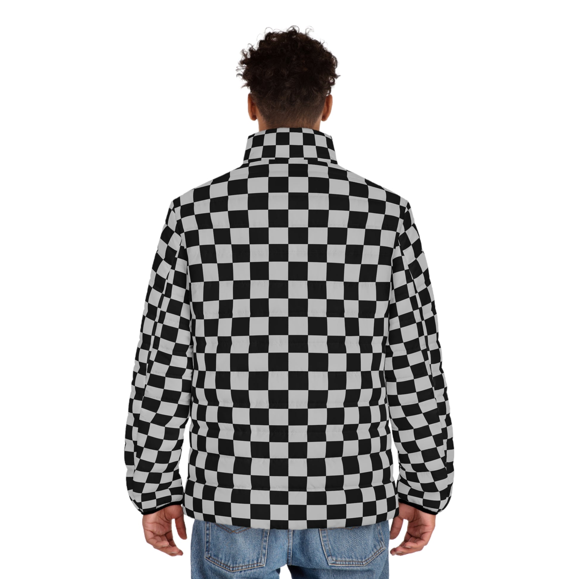 Checkerboard Dada Black and Light Gray Men's Puffer Jacket (AOP), Artsulli - Art is Long, Life is Short, All Over Prints, , , , , , , 
