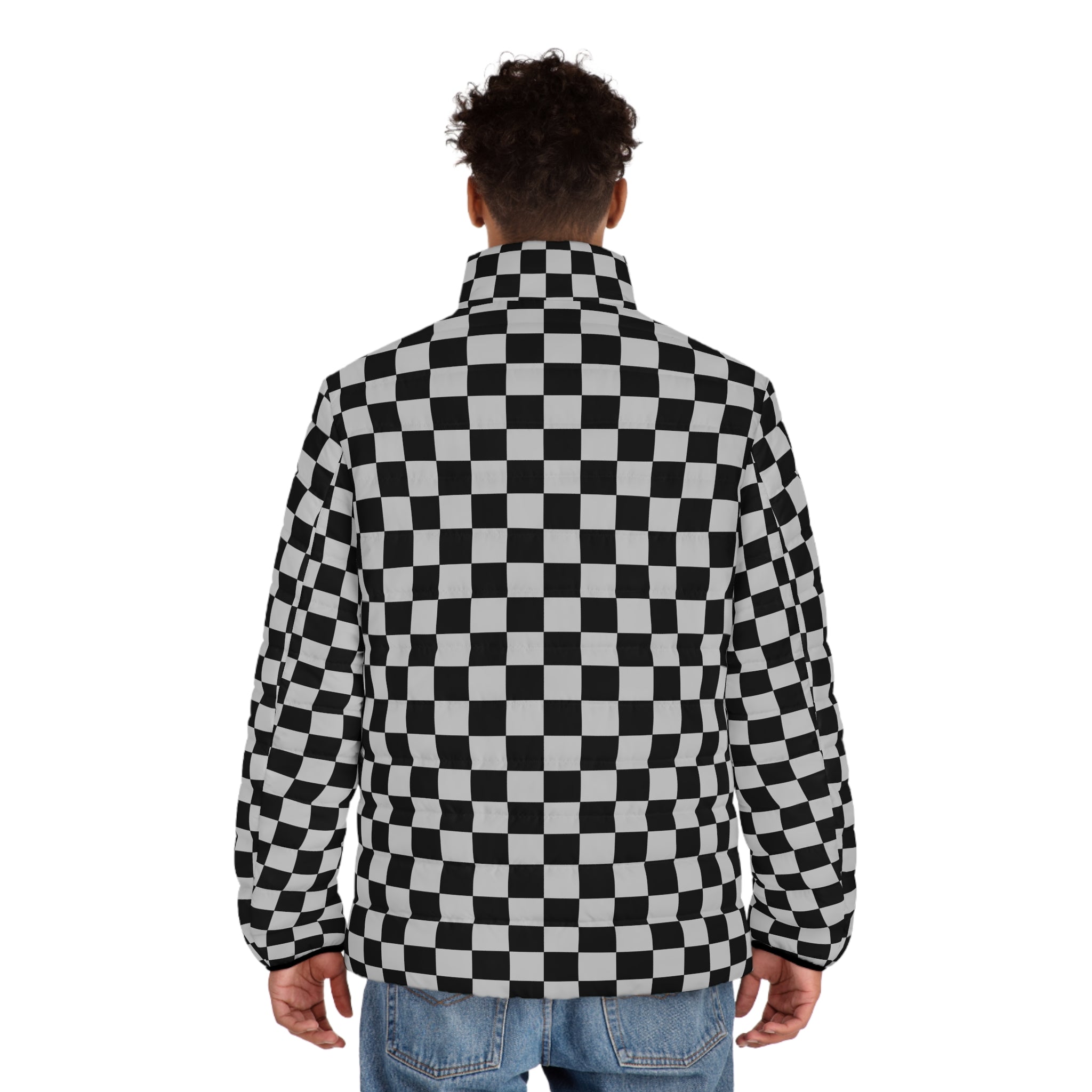 Checkerboard Dada Black and Light Gray Men's Puffer Jacket (AOP), Artsulli - Art is Long, Life is Short, All Over Prints, , , , , , , 