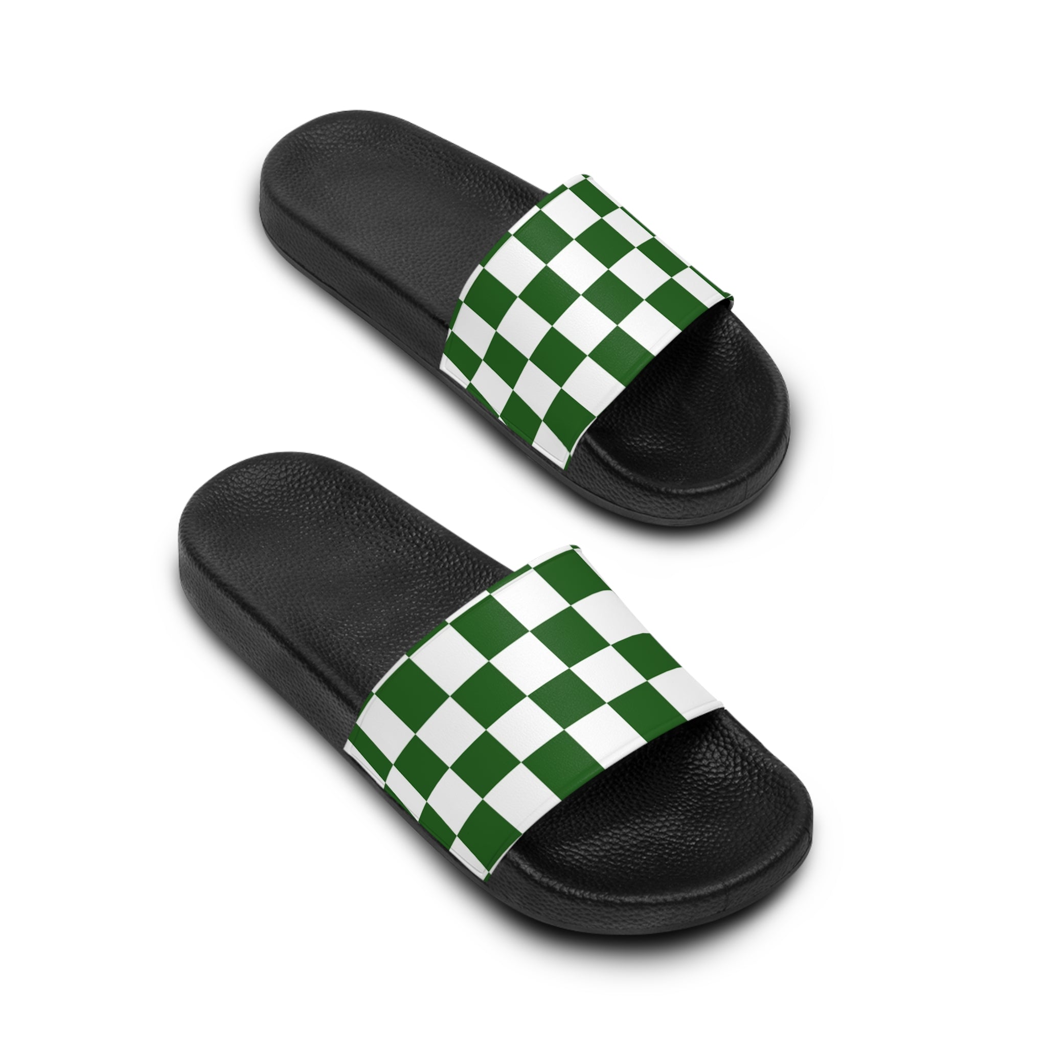 Checkerboard White and Dark Green Women's Slide Sandals, Artsulli - Art is Long, Life is Short, Shoes, , , , , , , 