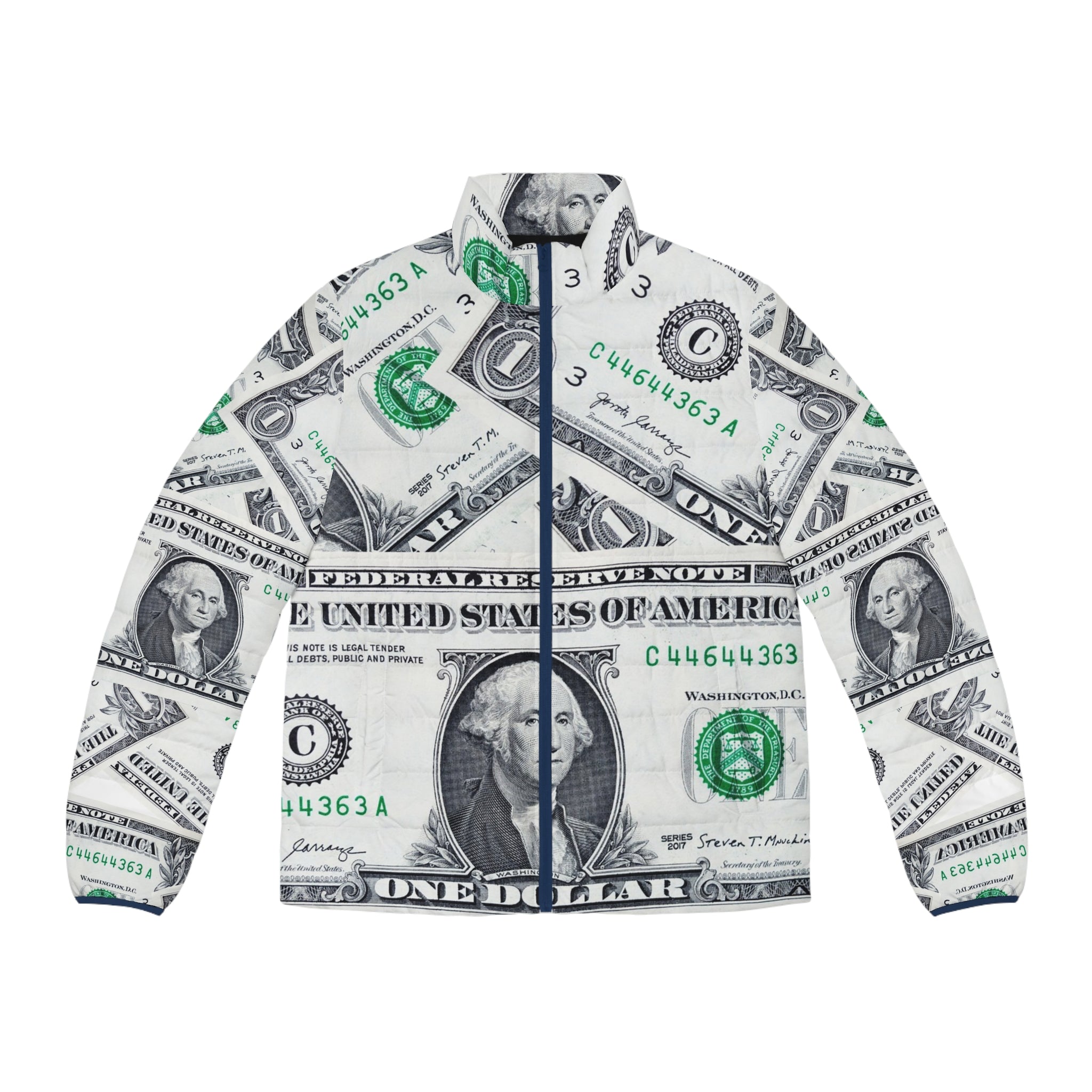 Money Collage Men's Puffer Jacket (AOP), Artsulli - Art is Long, Life is Short, All Over Prints, Size, S, Color, Dark blue zipper, , , 29002101810093880294