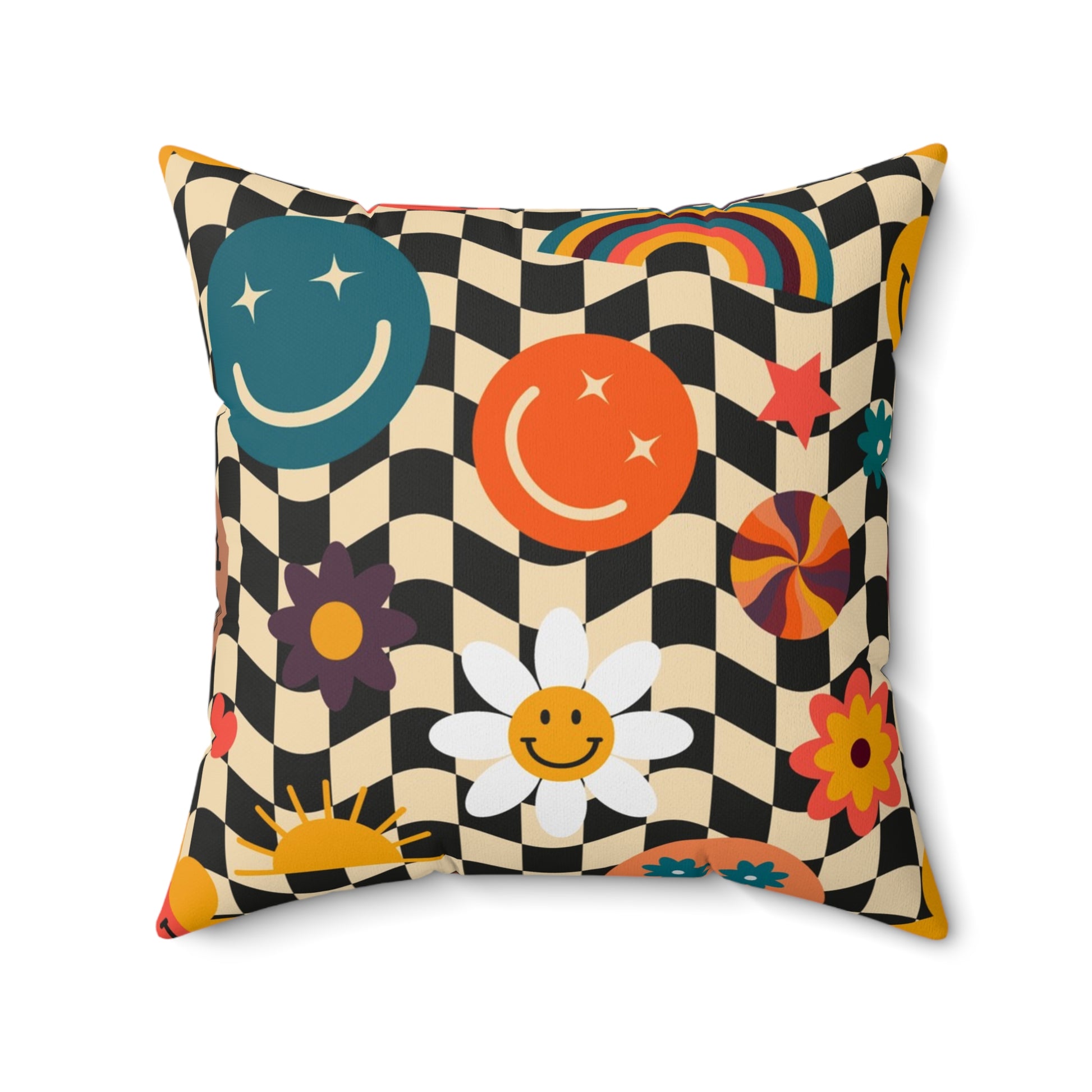 Trippy x Wavy Checkerboard x Smiley Face x Rainbow x Flowers Multi-Color Spun Polyester Square Pillow, Artsulli - Art is Long, Life is Short, Home Decor, , , , , , , 