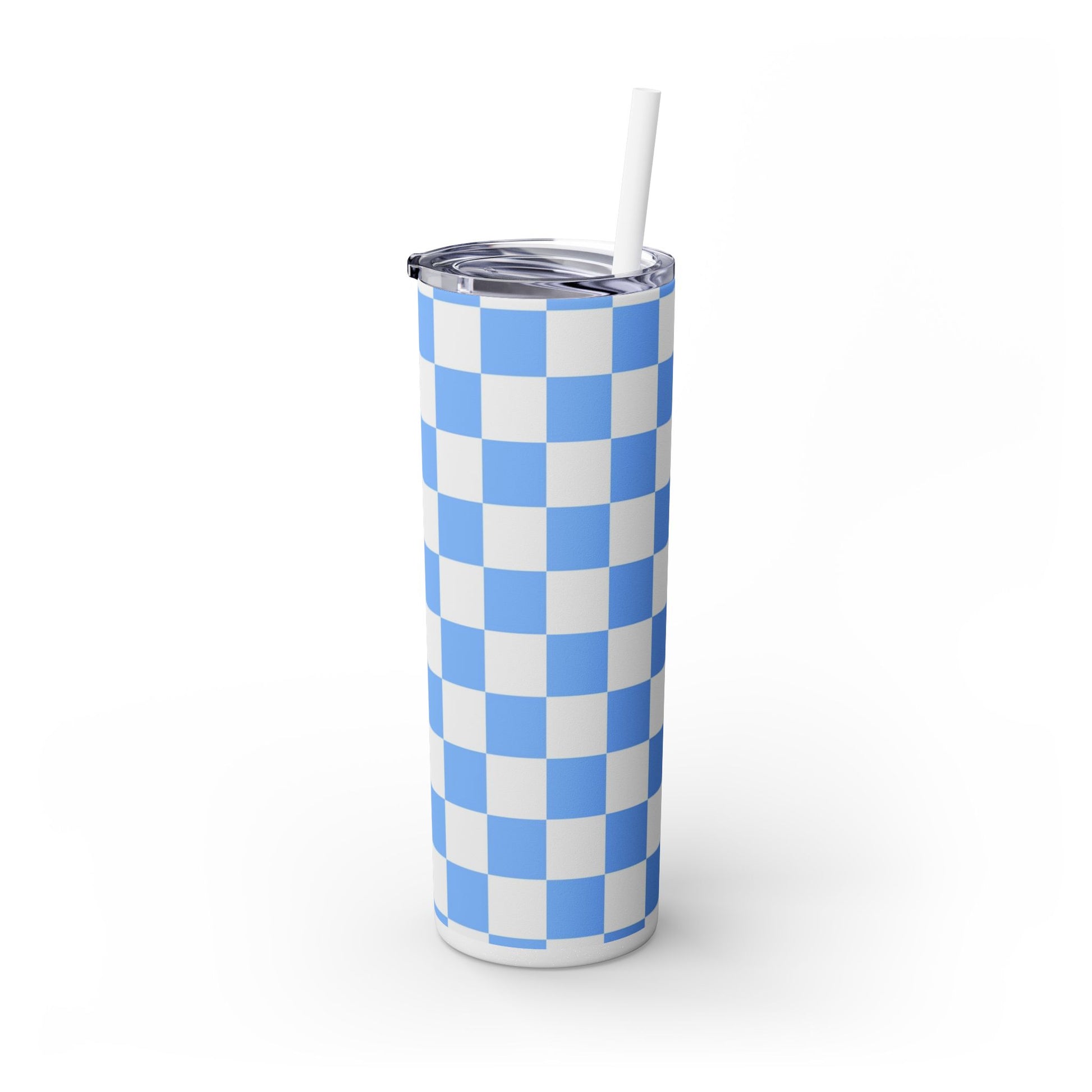Checkerboard White and Light Blue Skinny Tumbler with Straw, 20oz, Artsulli - Art is Long, Life is Short, Mug, , , , , , , 