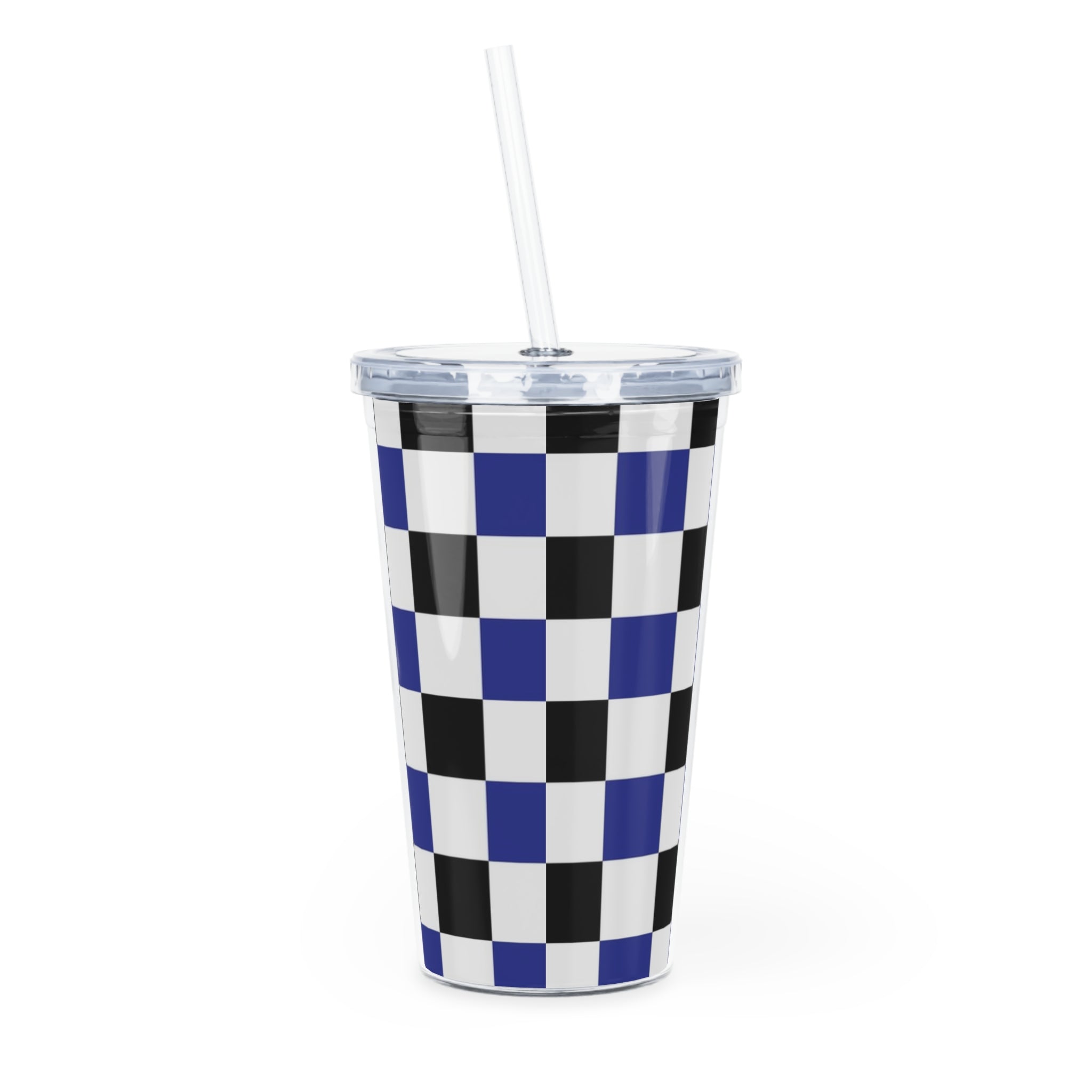 Checkerboard Blue White and Black Plastic Tumbler with Straw, Artsulli - Art is Long, Life is Short, Mug, , , , , , , 