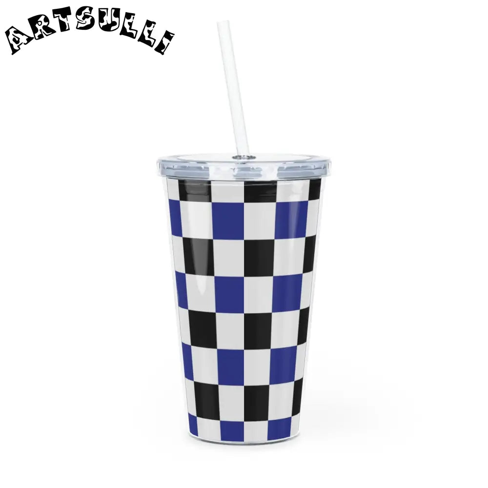 JAKKOUTTHEBXX Checkerboard Blue White and Black Plastic Tumbler