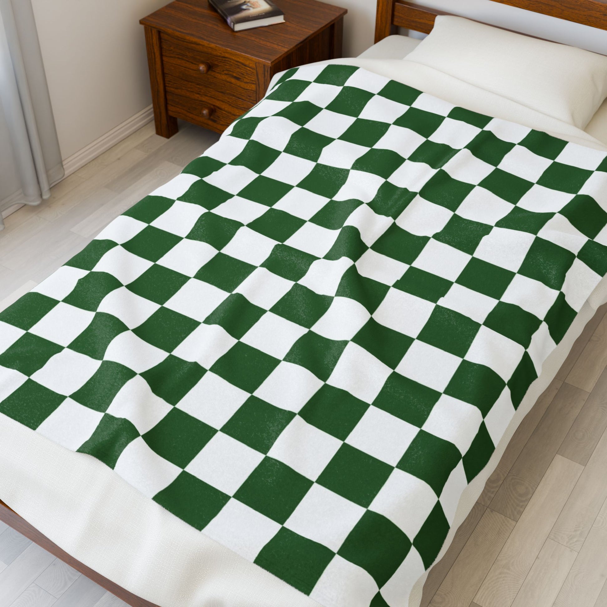 Checkerboard White and Dark Green Velveteen Plush Blanket, Artsulli - Art is Long, Life is Short, All Over Prints, , , , , , , 