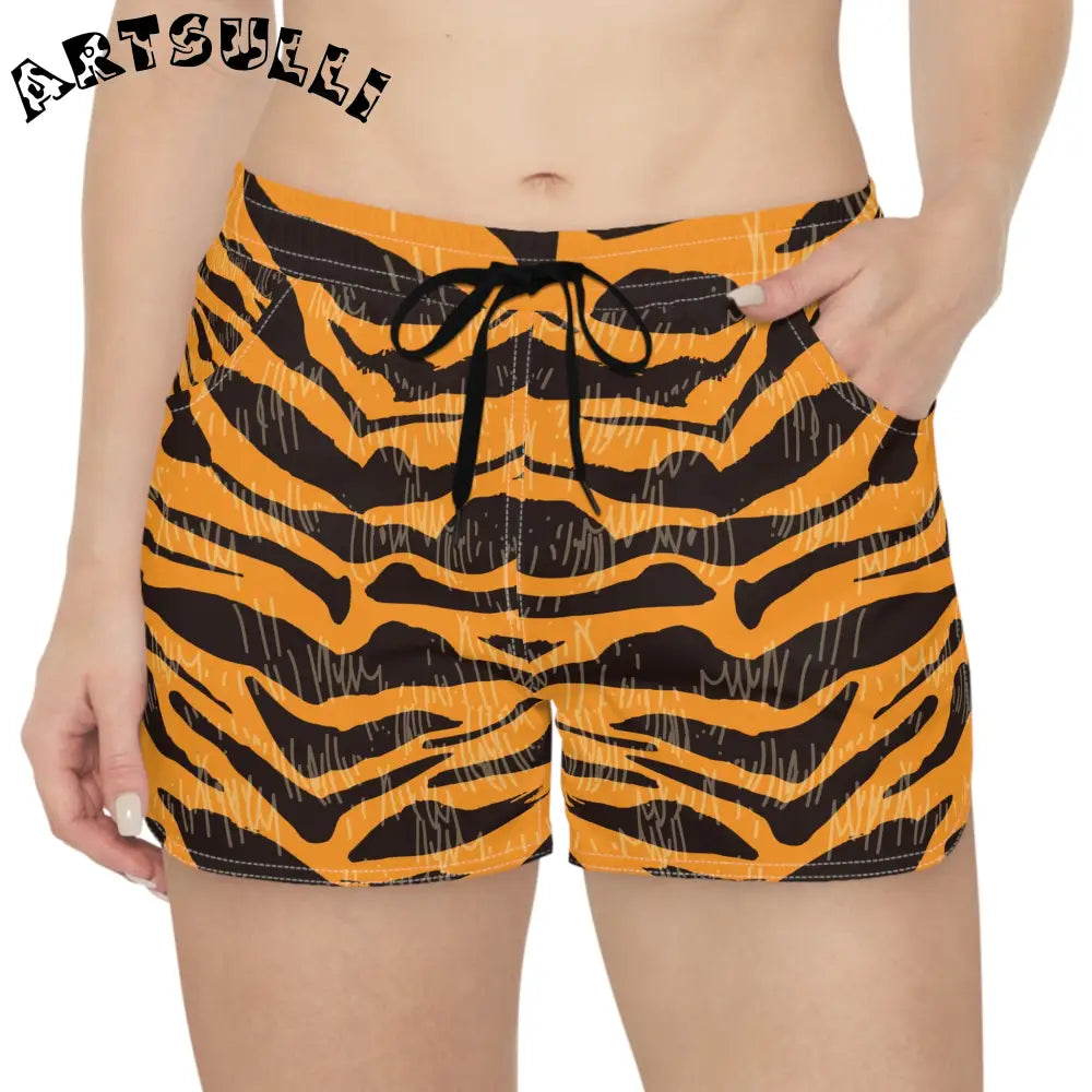 JAKKOUTTHEBXX Tiger Scratches Orange and Black Women’s Casual Shorts