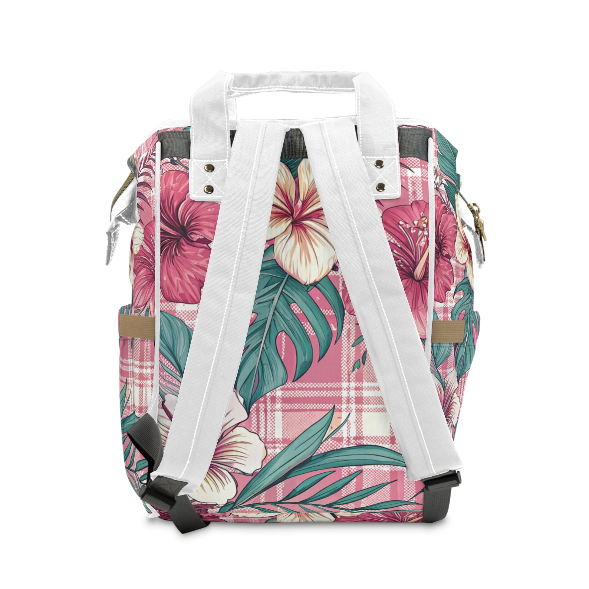 Plaid x Floral Burgundy and Green Multifunctional Diaper Backpack, Artsulli - Art is Long, Life is Short, Bags, , , , , , , 