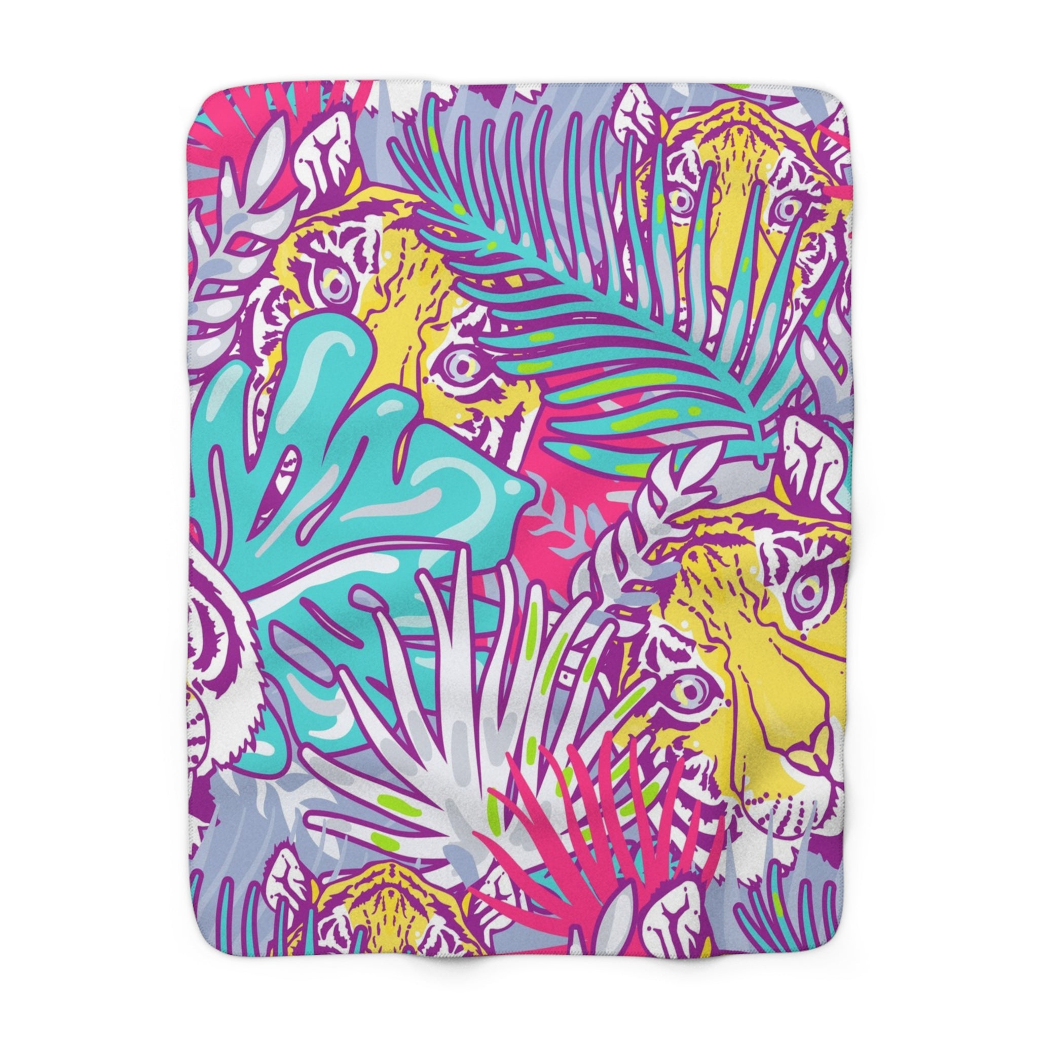 Tropical Floral Tigers Torquise and Purple Sherpa Fleece Blanket, Artsulli - Art is Long, Life is Short, Home Decor, Size, 50" × 60", , , , , 14213020411167
