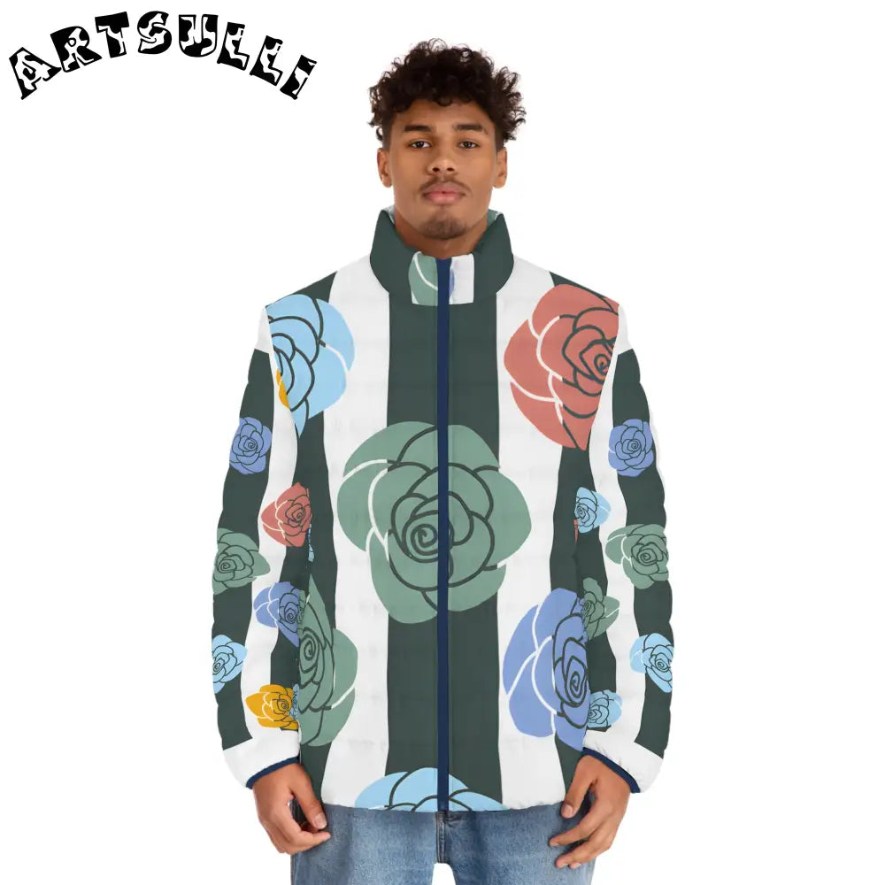 JAKKOUTTHEBXX Stripes x Roses Black and White Men’s Puffer Jacket
