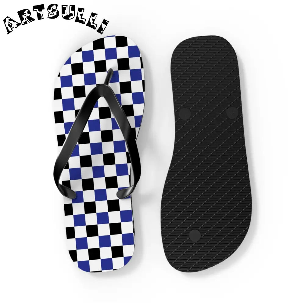 JAKKOUTTHEBXX Checkerboard Blue White and Black Flip Flops