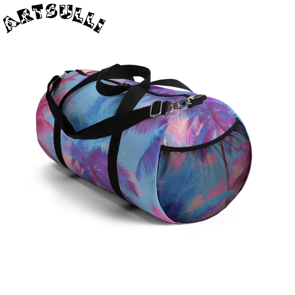 JAKKOUTTHEBXX Ethereal Pastel Palms II Blue and Pink Duffel Bag