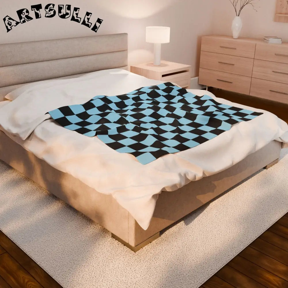 JAKKOUTTHEBXX Checkerboard Black and Blue Velveteen Plush Blanket