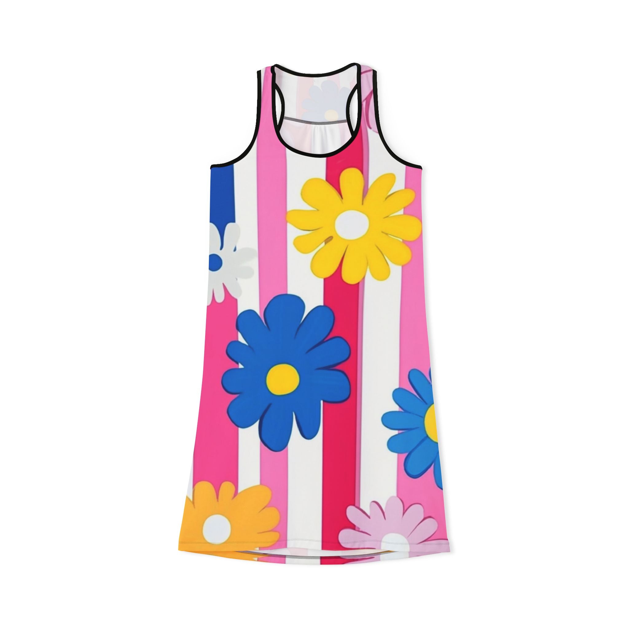 Flowers x Stripes Multi-Color Women's Racerback Dress (AOP), Artsulli - Art is Long, Life is Short, Tank Top, Size, XS, Color, Black, , , 57445721118109