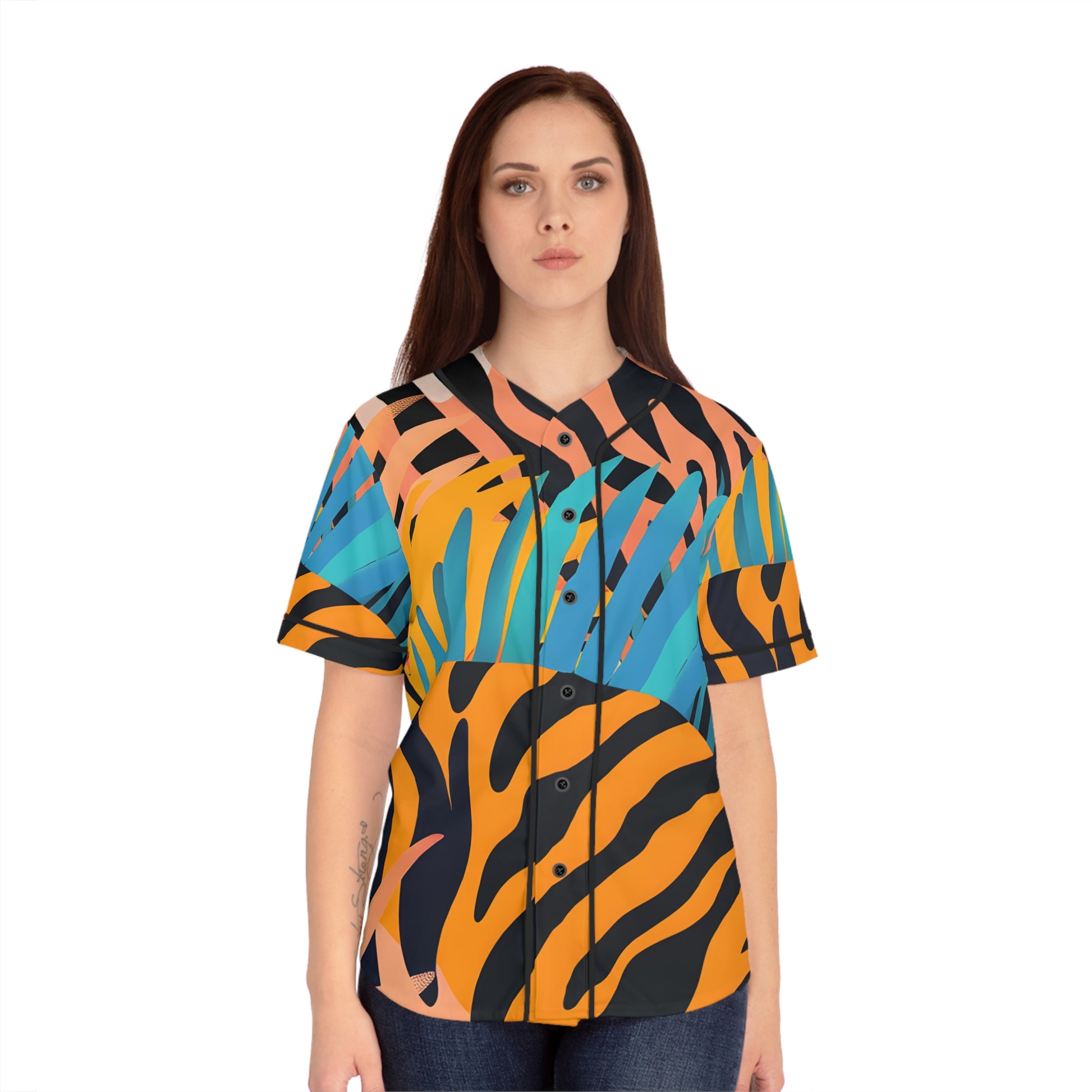 Palm Leaves x Zebra Stripes x  Tiger Stripes Orange and Blue  Women's Baseball Jersey (AOP), Artsulli - Art is Long, Life is Short, All Over Prints, , , , , , , 