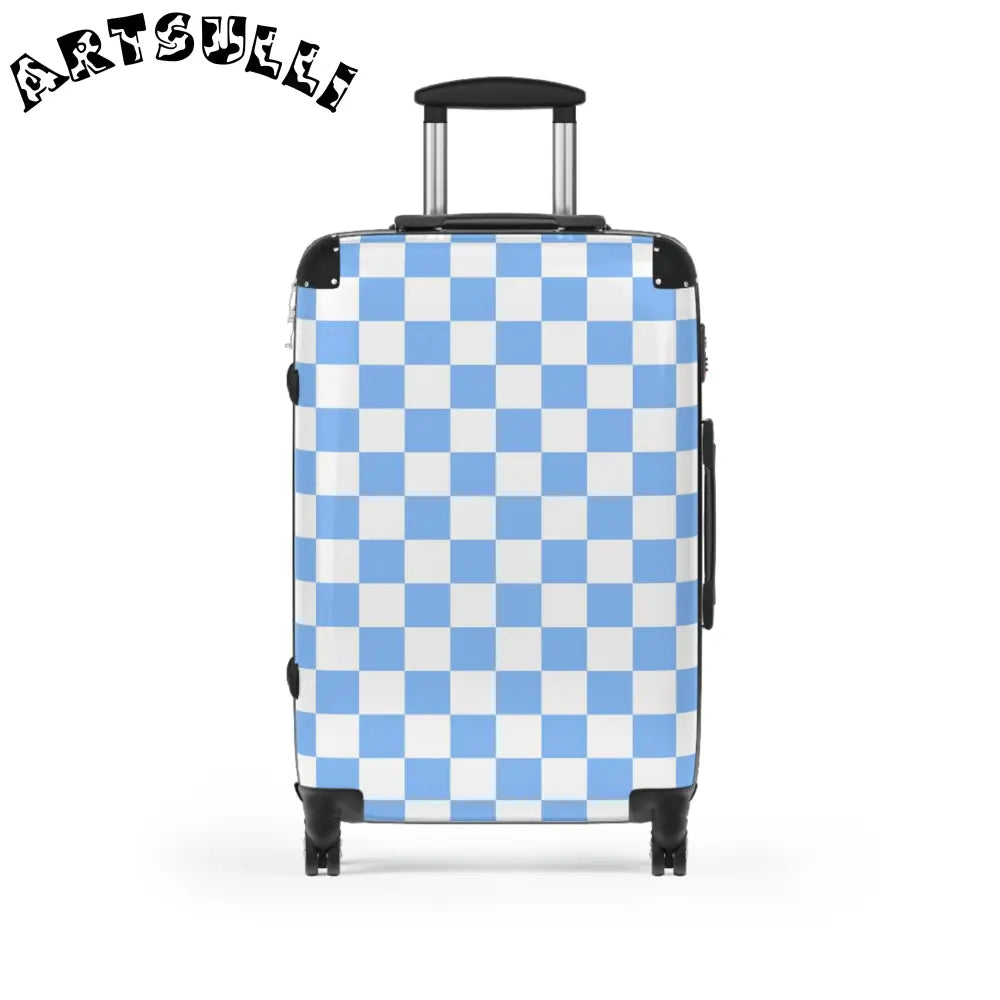 JAKKOUTTHEBXX Checkerboard White and Light Blue Suitcase
