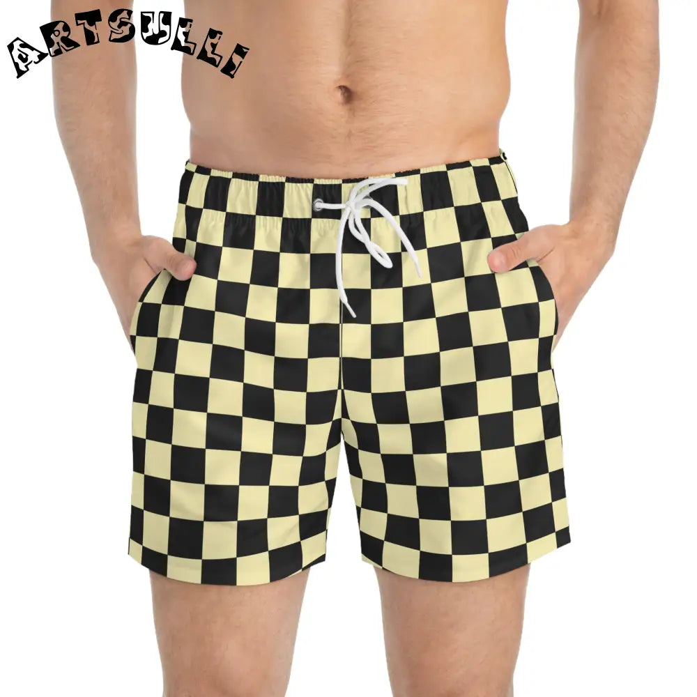 JAKKOUTTHEBXX Checkerboard II Black and Yellow Swim Trunks (AOP)