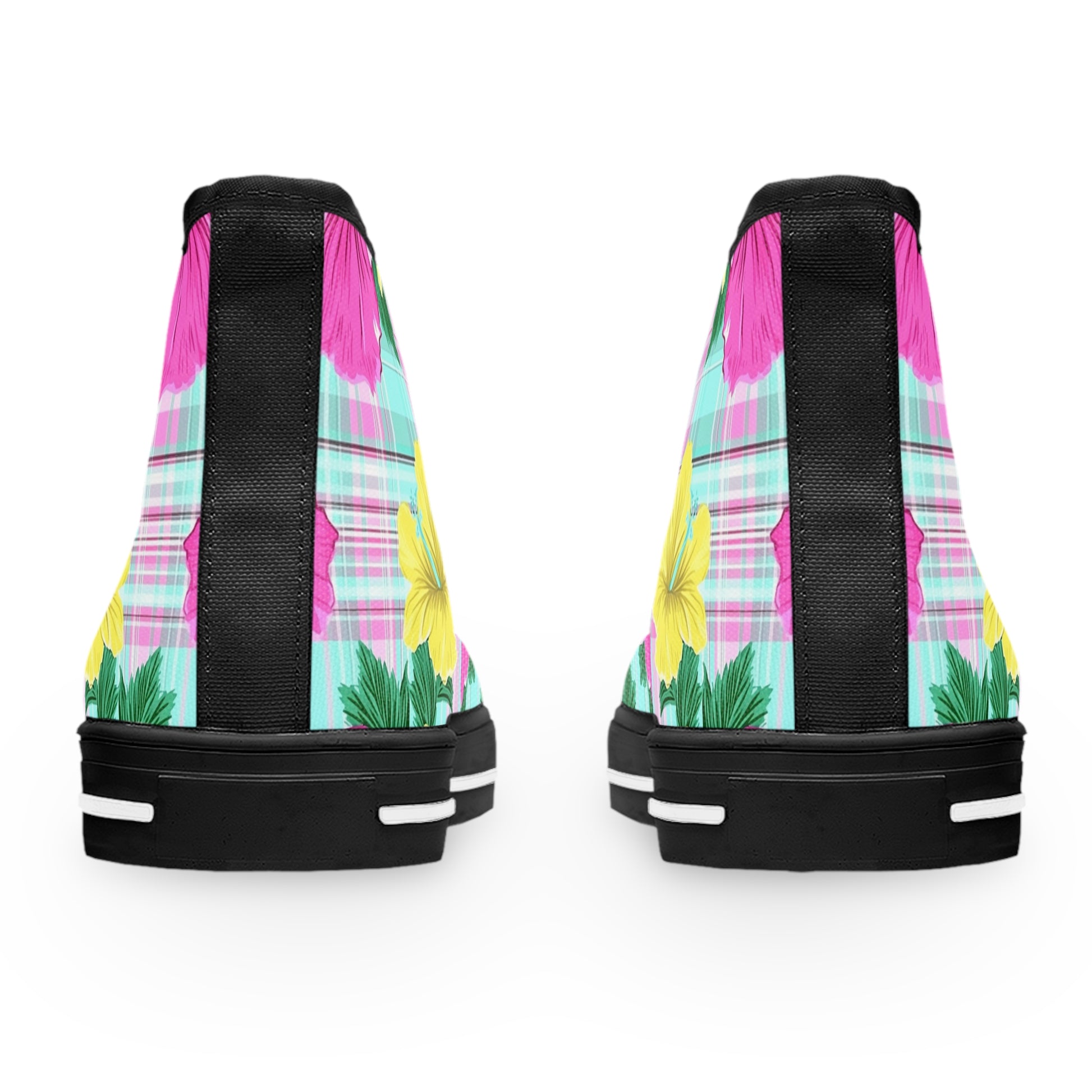 Plaid Hibiscus Pink and Yellow Women's High Top Sneakers, Artsulli - Art is Long, Life is Short, Shoes, , , , , , , 