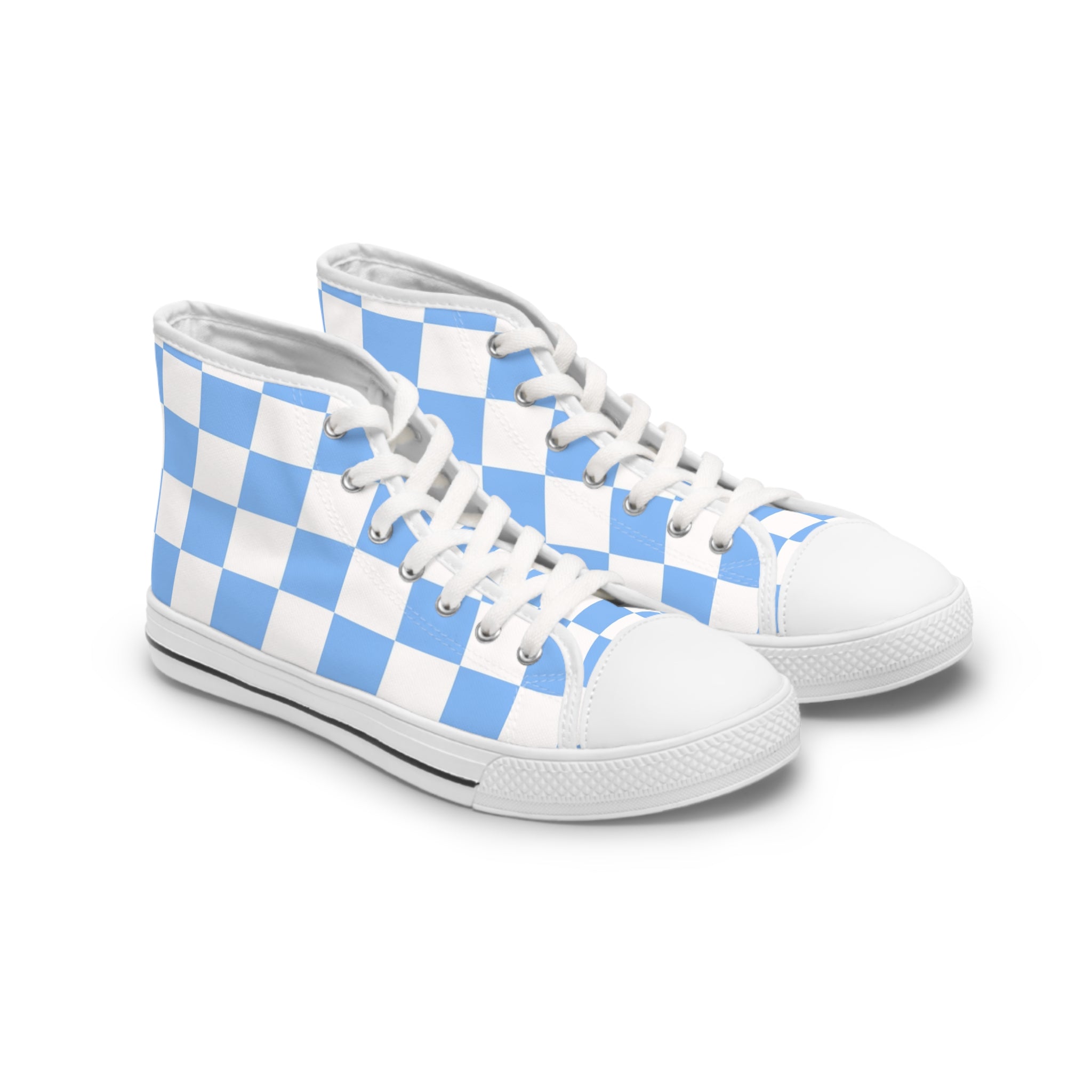 Checkerboard White and Light Blue Women's High Top Sneakers, Artsulli - Art is Long, Life is Short, Shoes, Size, US 5.5, Color, White sole, , , 23125595092963490313