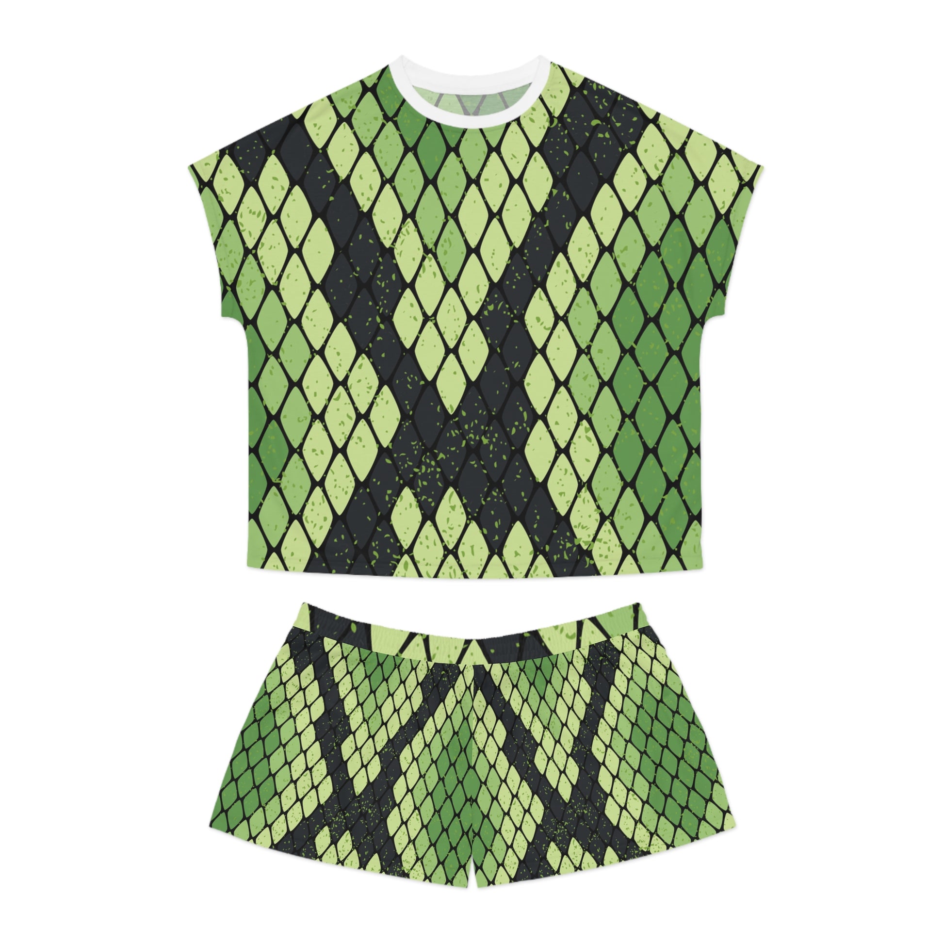 Snake Skin Green and Black Women's Short Pajama Set (AOP), Artsulli - Art is Long, Life is Short, All Over Prints, Size, S, Color, White, , , 11278371343118