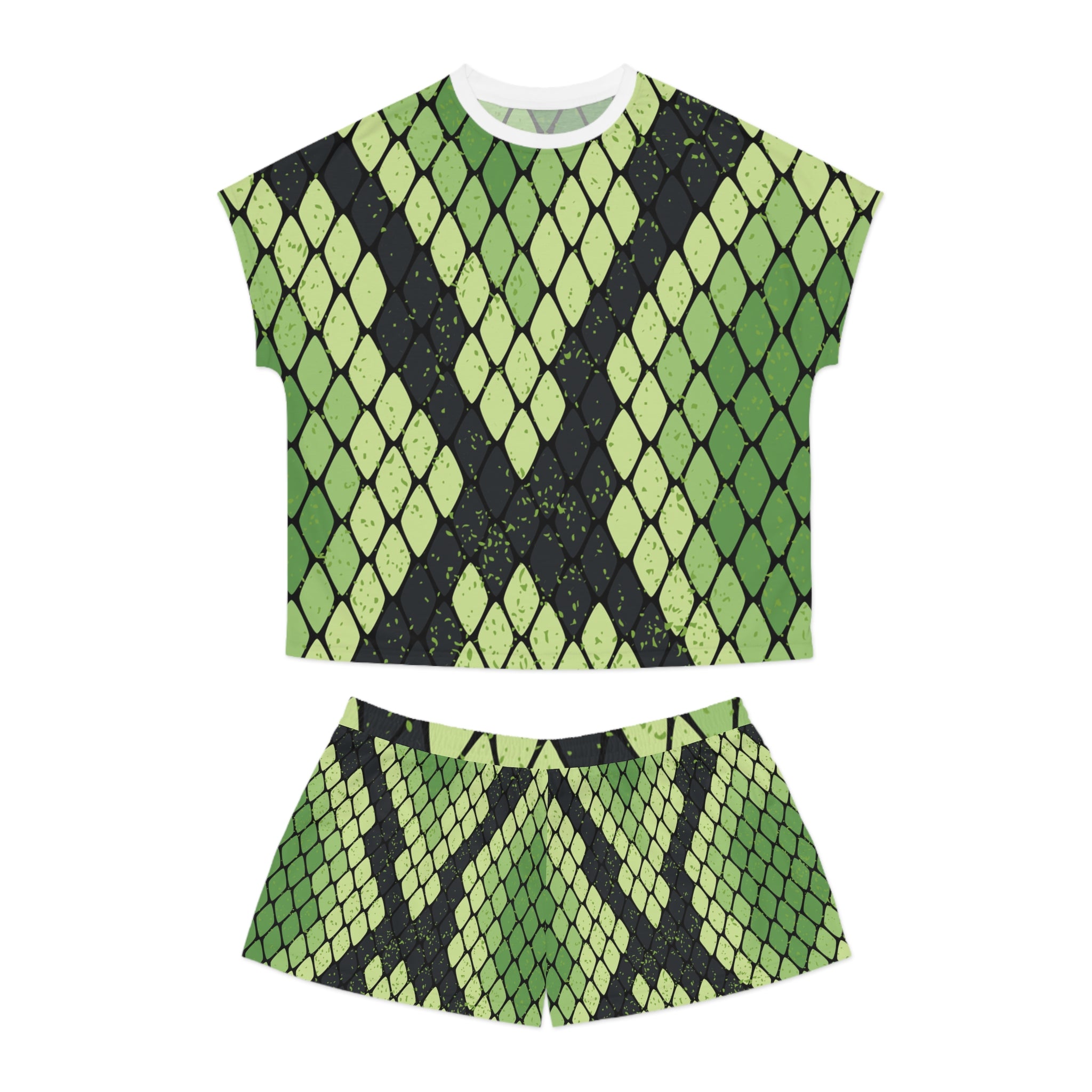 Snake Skin Green and Black Women's Short Pajama Set (AOP), Artsulli - Art is Long, Life is Short, All Over Prints, Size, S, Color, White, , , 11278371343118