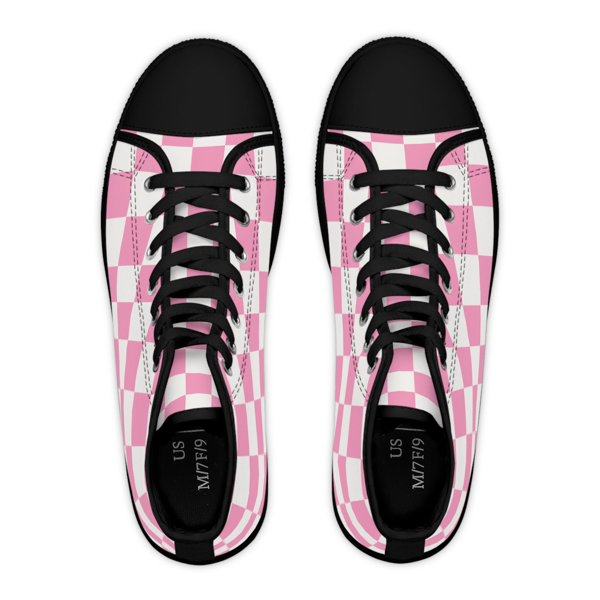 Checkerboard Hot Pink and White Women's High Top Sneakers, Artsulli - Art is Long, Life is Short, Shoes, , , , , , , 