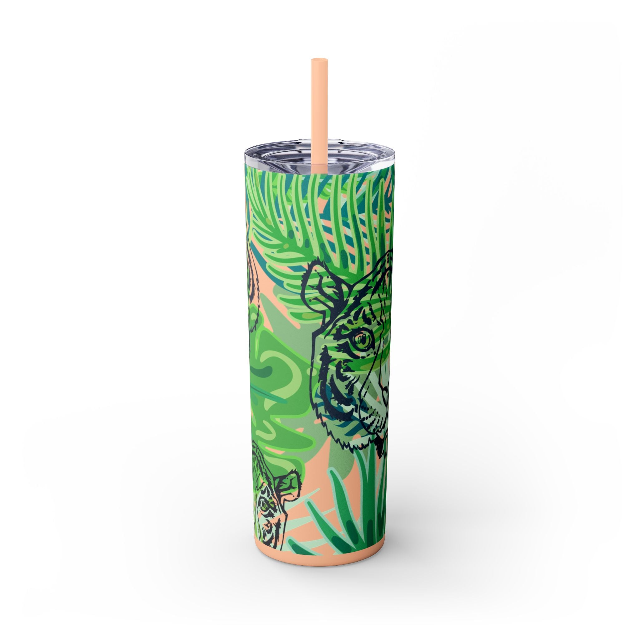 Tropical Jungle Tigers Green Skinny Tumbler with Straw, 20oz, Artsulli - Art is Long, Life is Short, Mug, Finish, Matte, Color, Blush, Size, 20oz, 14856888383513