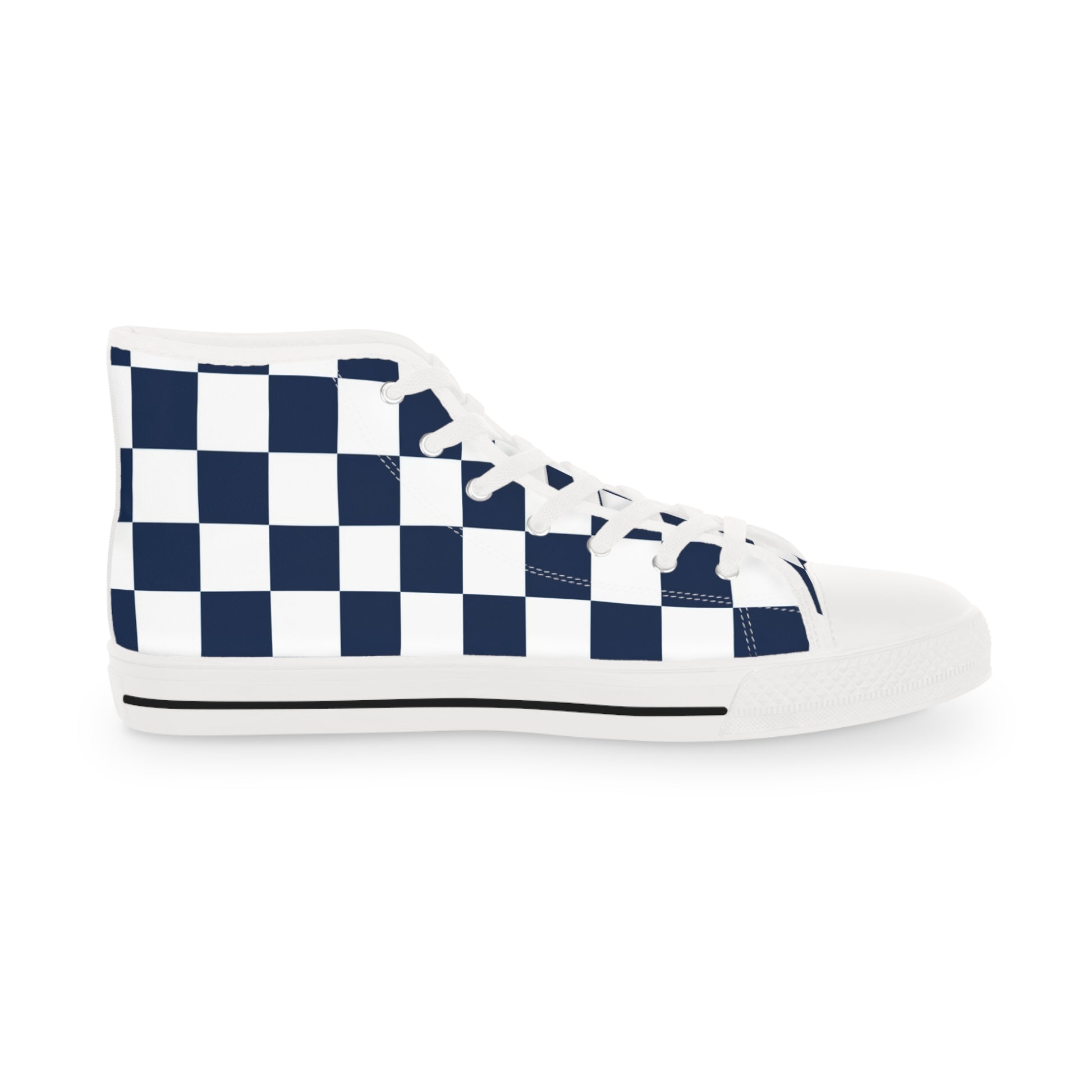 Checkerboard White and Navy Blue Men's High Top Sneakers, Artsulli - Art is Long, Life is Short, Shoes, , , , , , , 