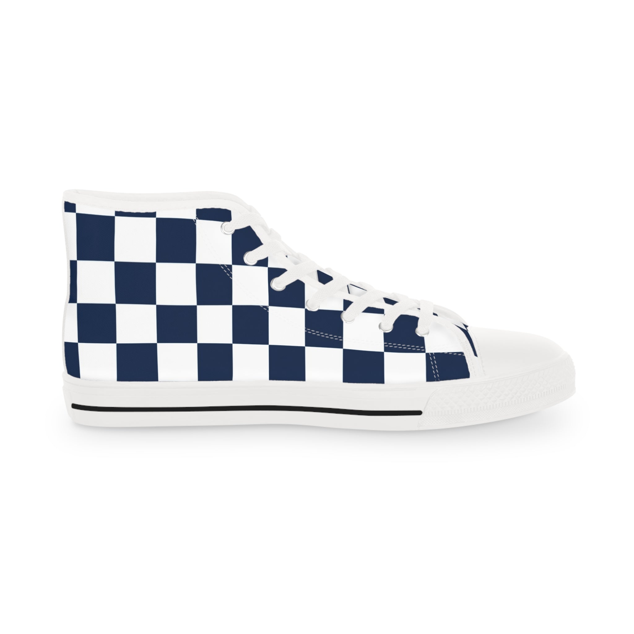 Checkerboard White and Navy Blue Men's High Top Sneakers, Artsulli - Art is Long, Life is Short, Shoes, , , , , , , 