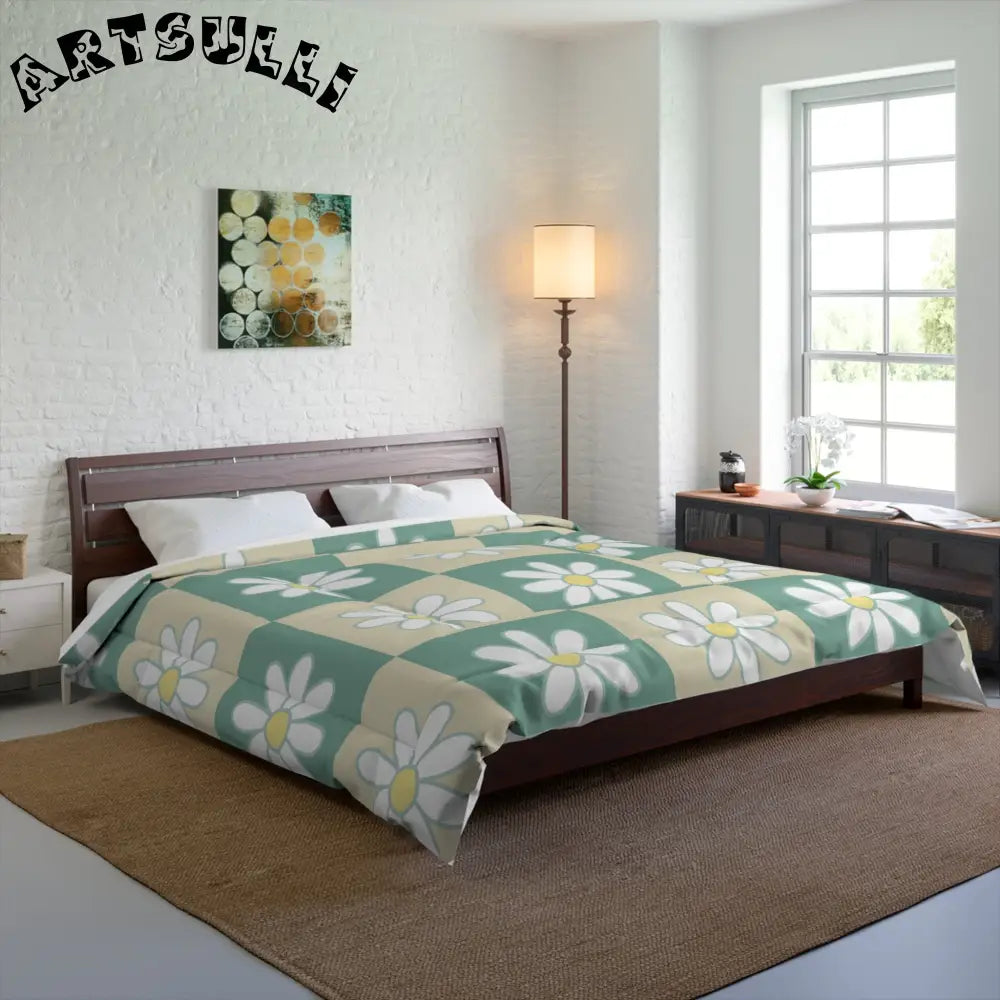 JAKKOUTTHEBXX Retro Daisy Checkerboard Green and Tan Comforter