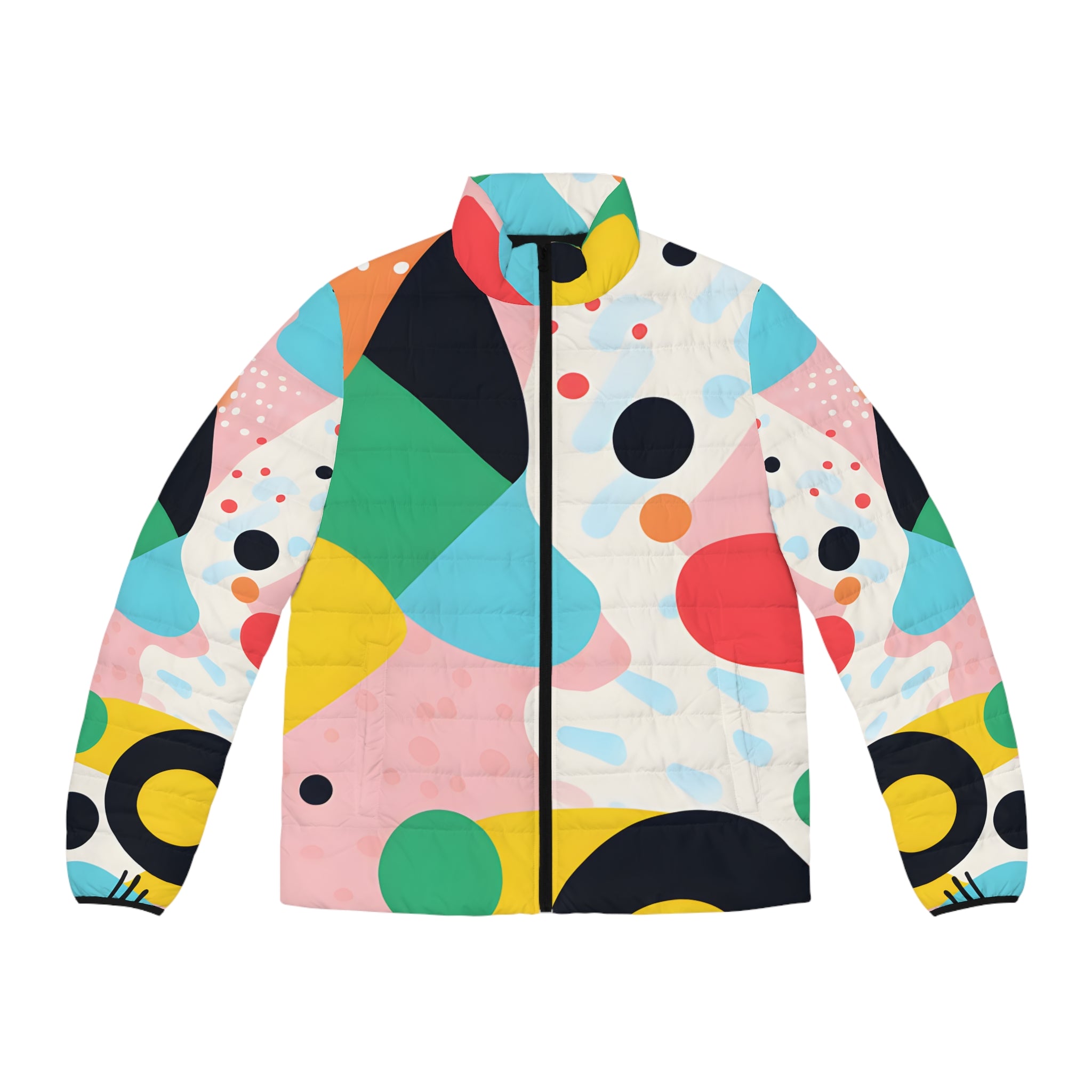 Colorful Abstract Shapes Men's Puffer Jacket (AOP), Artsulli - Art is Long, Life is Short, All Over Prints, Size, S, Color, Black zipper, , , 18462366918232877349