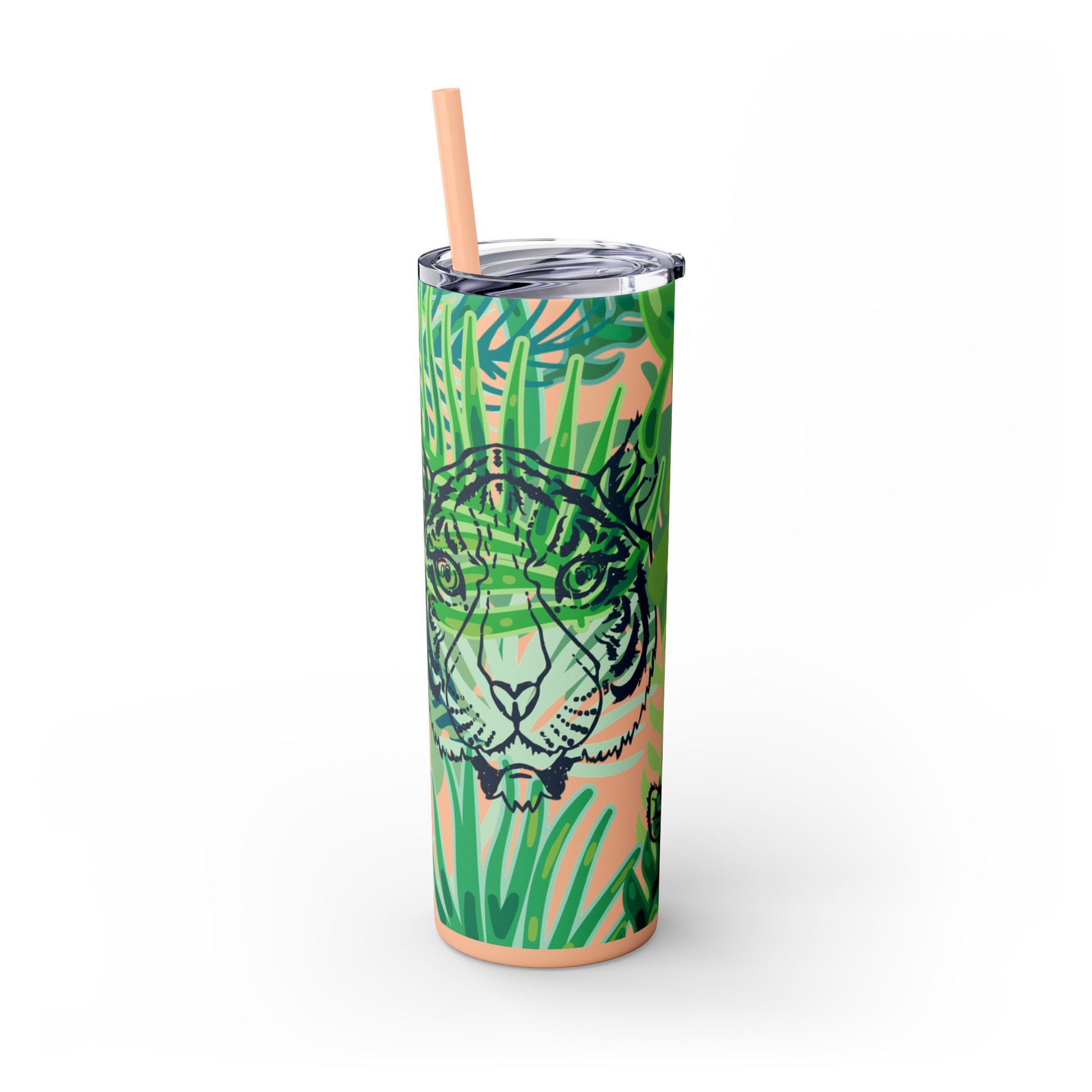 Tropical Jungle Tigers Green Skinny Tumbler with Straw, 20oz, Artsulli - Art is Long, Life is Short, Mug, , , , , , , 
