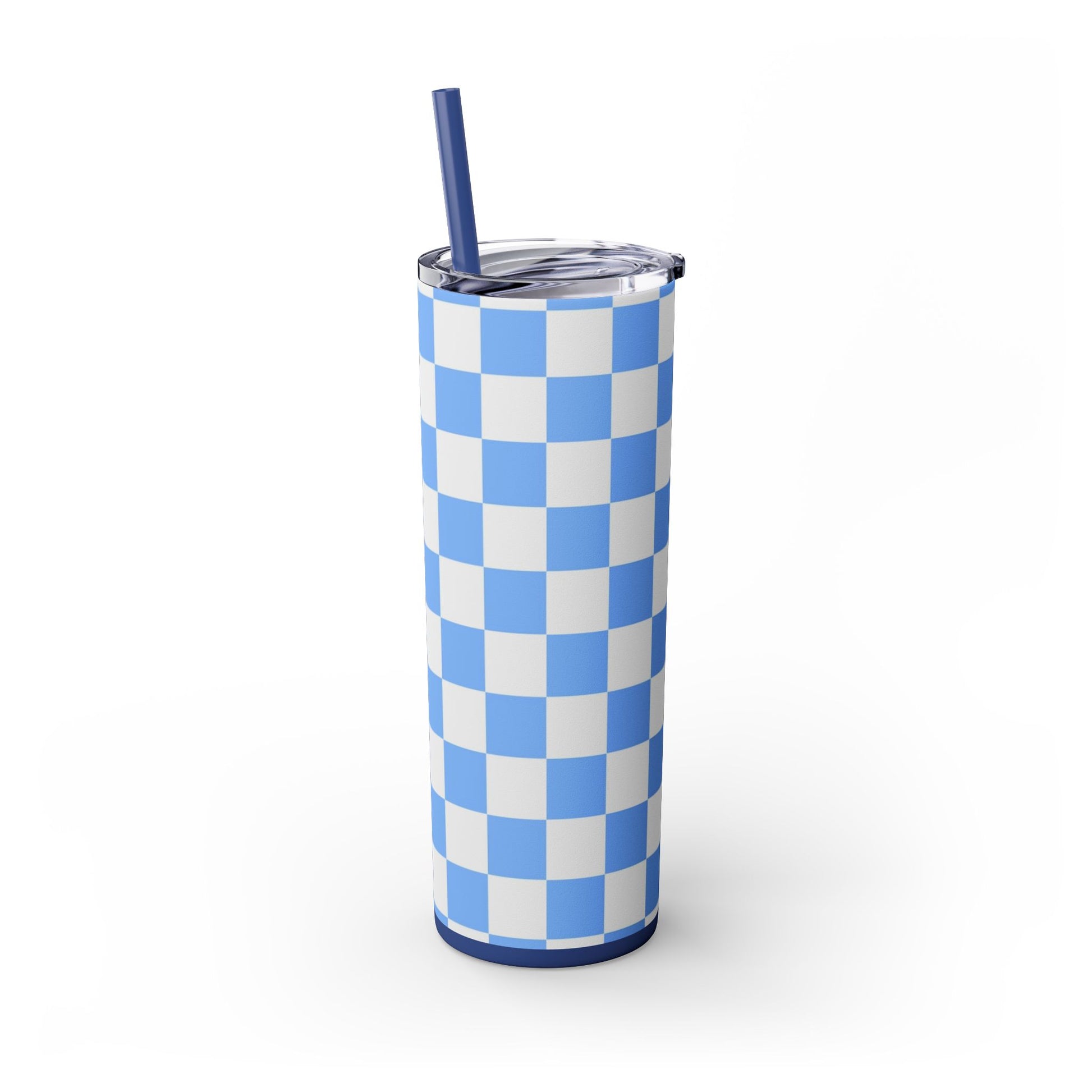 Checkerboard White and Light Blue Skinny Tumbler with Straw, 20oz, Artsulli - Art is Long, Life is Short, Mug, , , , , , , 