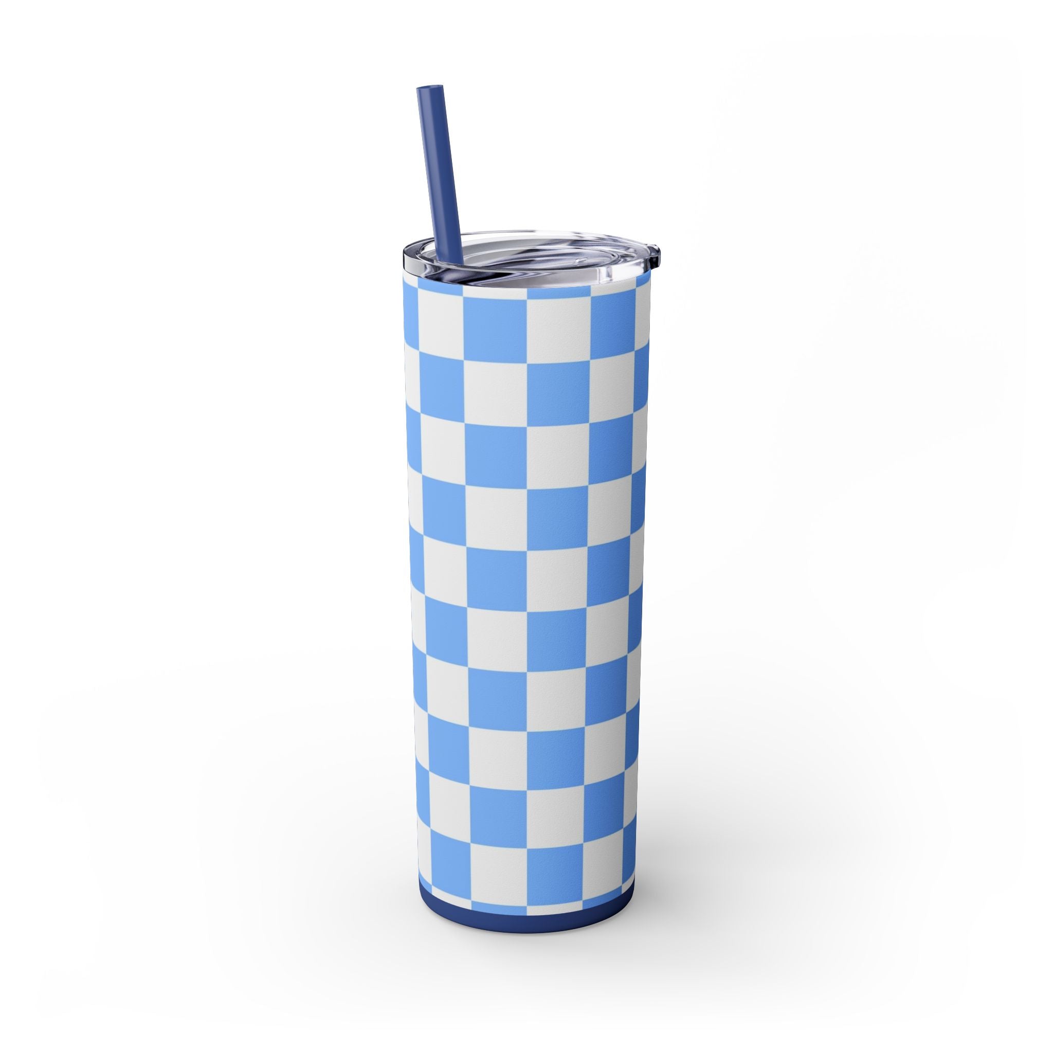 Checkerboard White and Light Blue Skinny Tumbler with Straw, 20oz, Artsulli - Art is Long, Life is Short, Mug, , , , , , , 