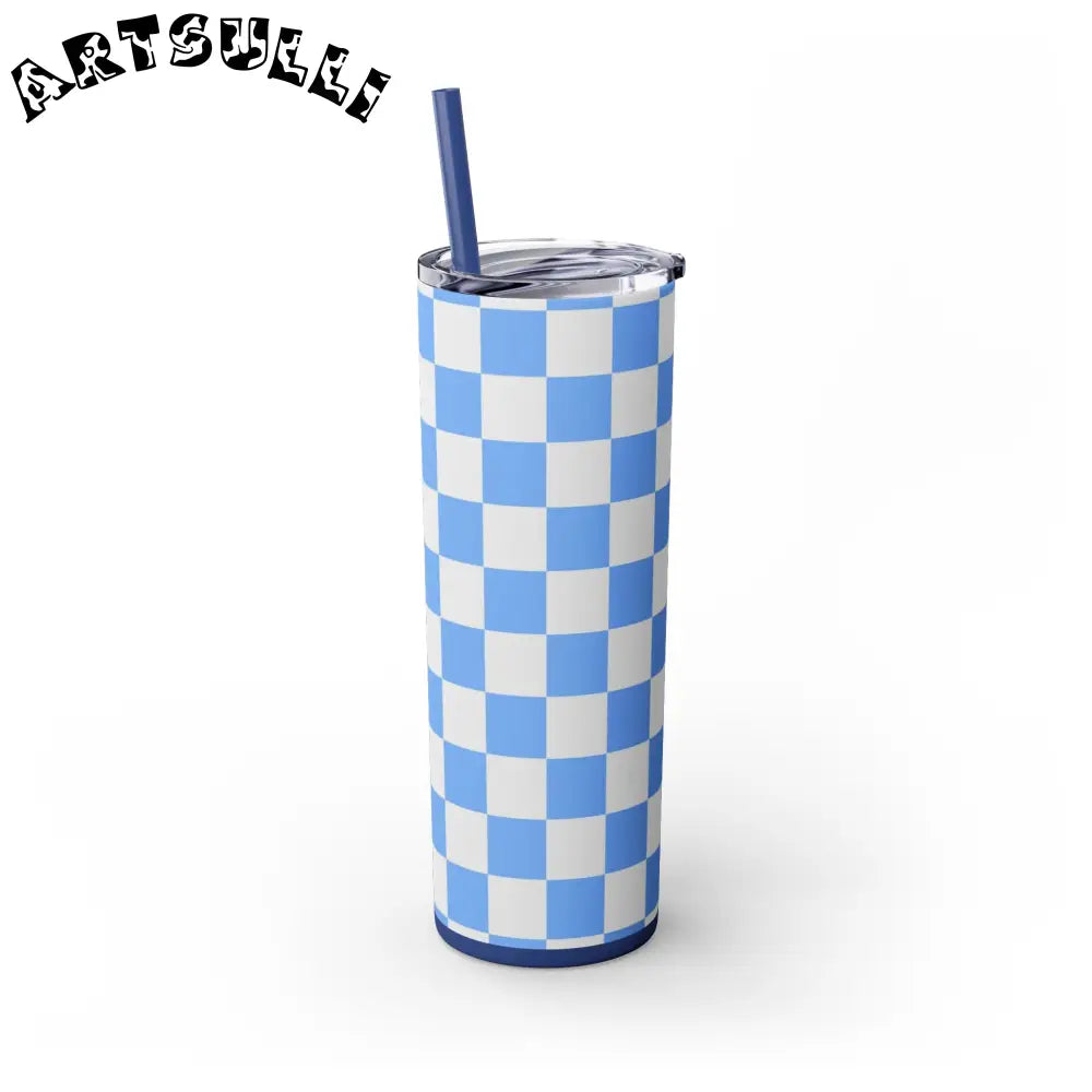 JAKKOUTTHEBXX Checkerboard White and Light Blue Skinny Tumbler