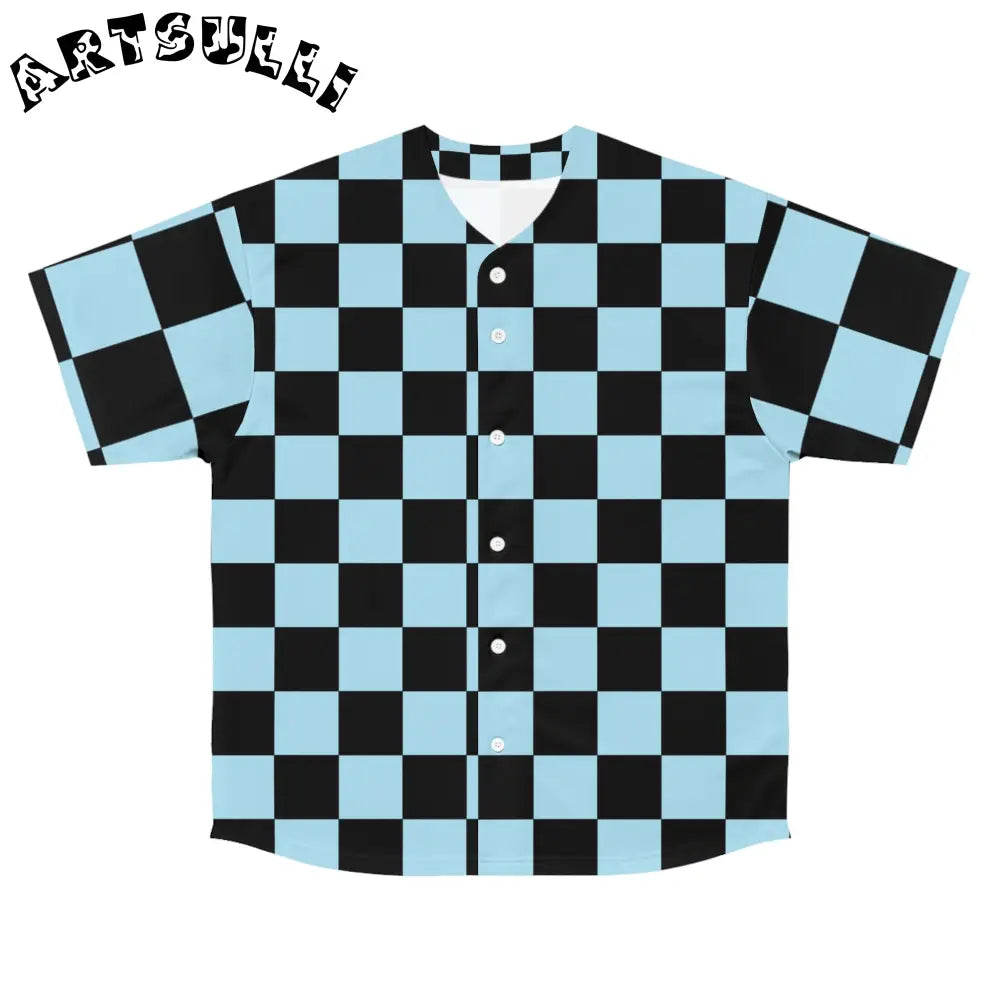 JAKKOUTTHEBXX Checkerboard Black and Blue Men’s Baseball Jersey